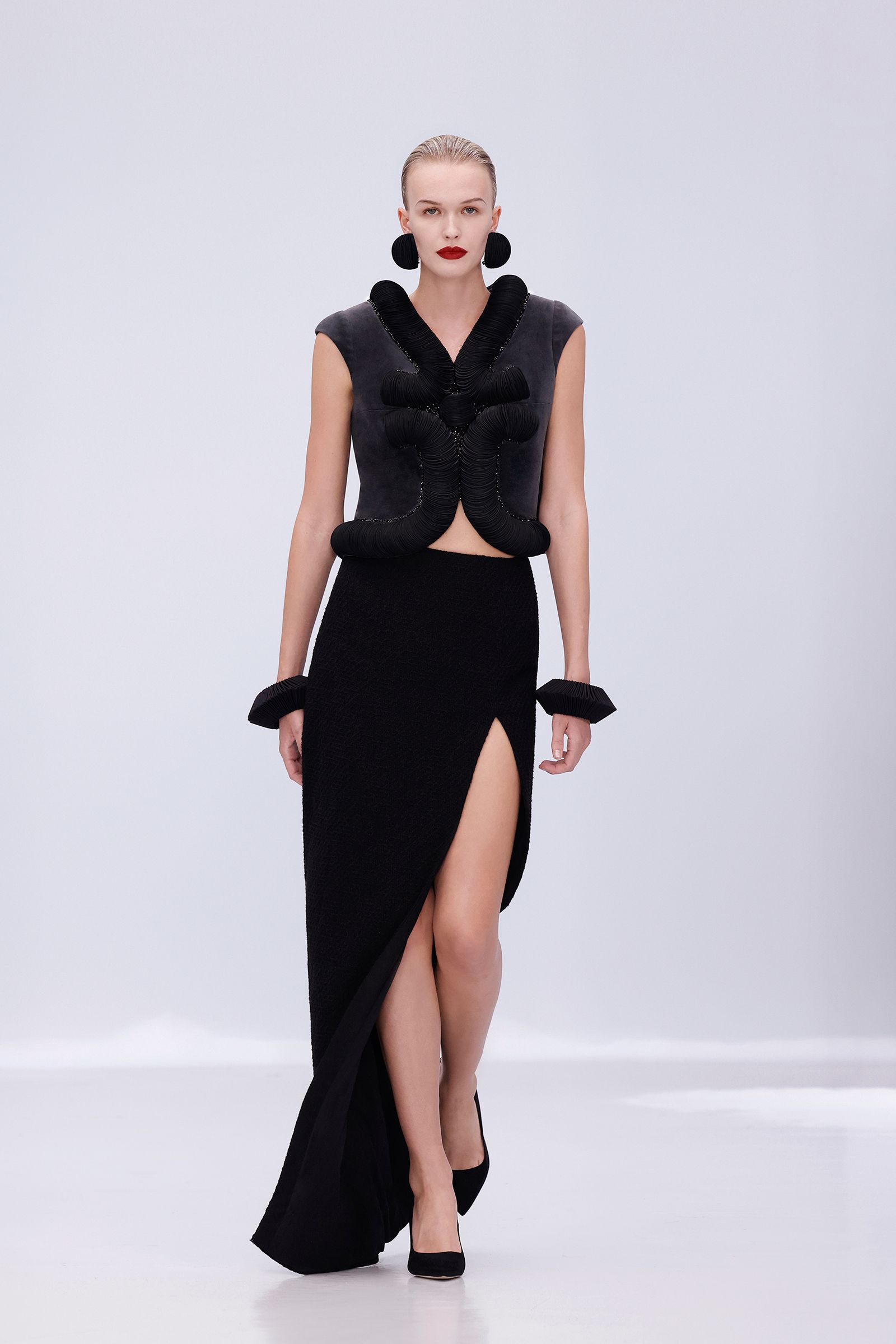 black velvet top and midi skirt