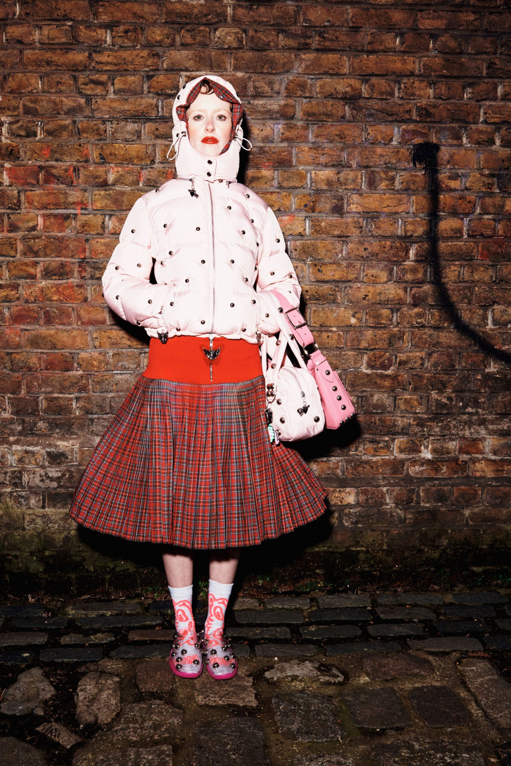 pink cotton long-sleeve hooded fitted buttoned jacket