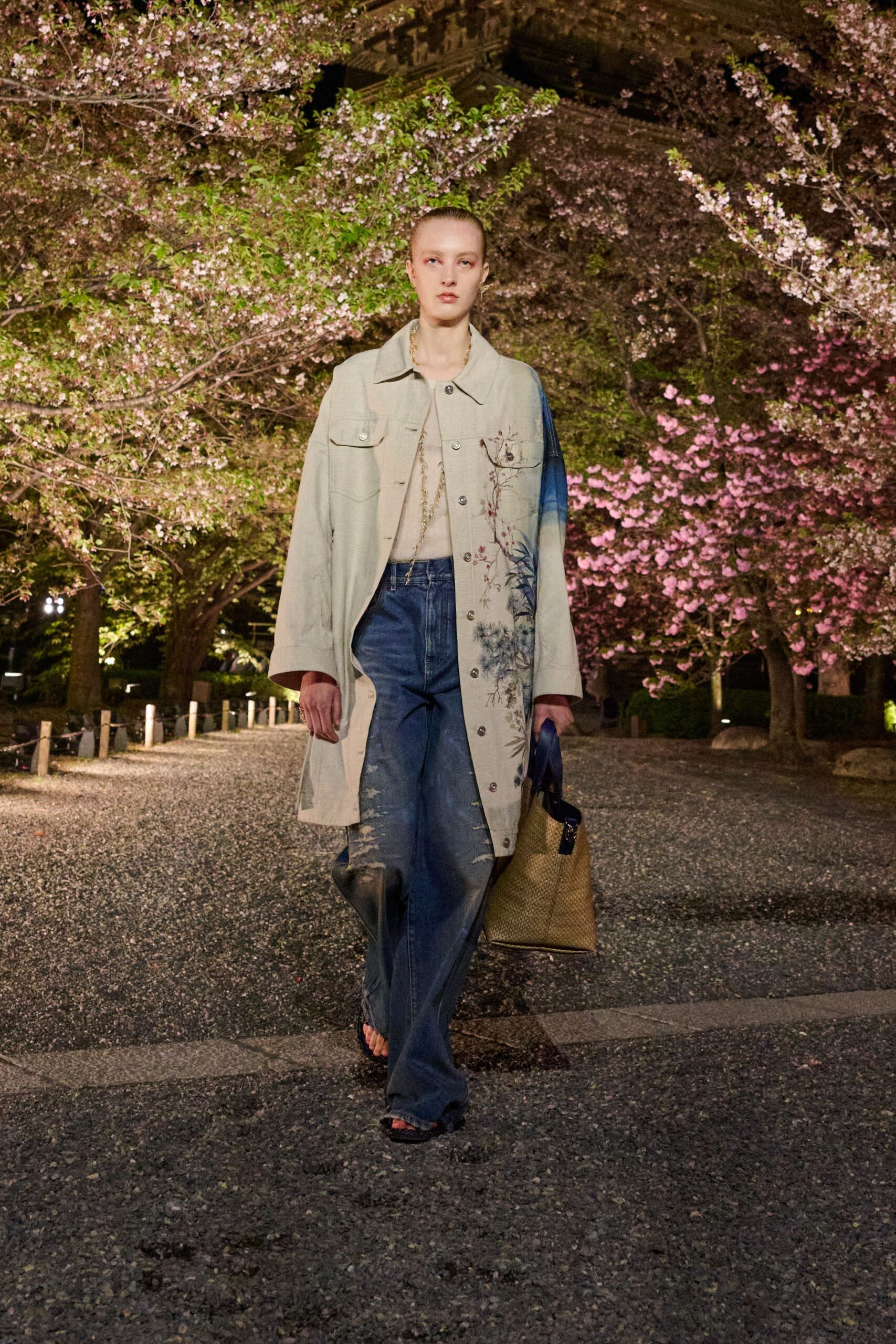 beige denim long-sleeve collared relaxed embroidered coat