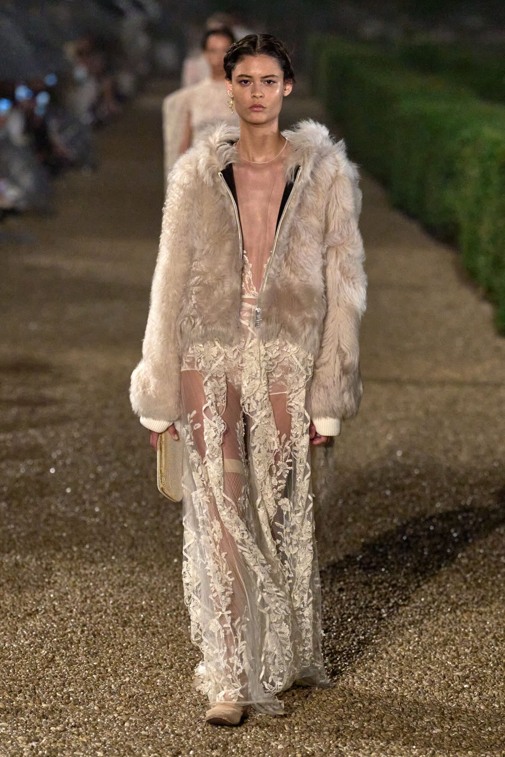 beige fur long-sleeve hooded oversized zippered pockets coat