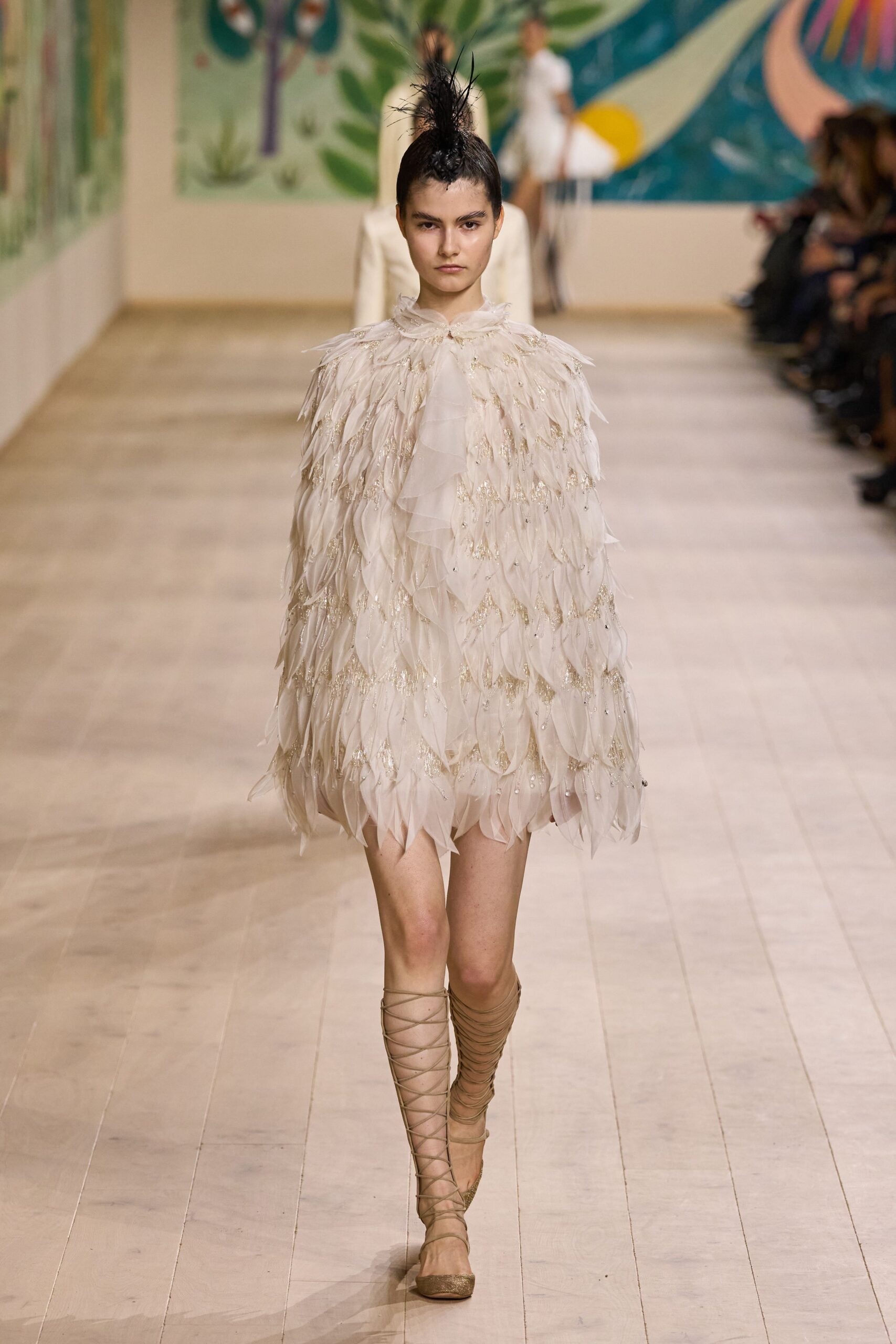 white feather sleeveless fitted layered embellished short cape