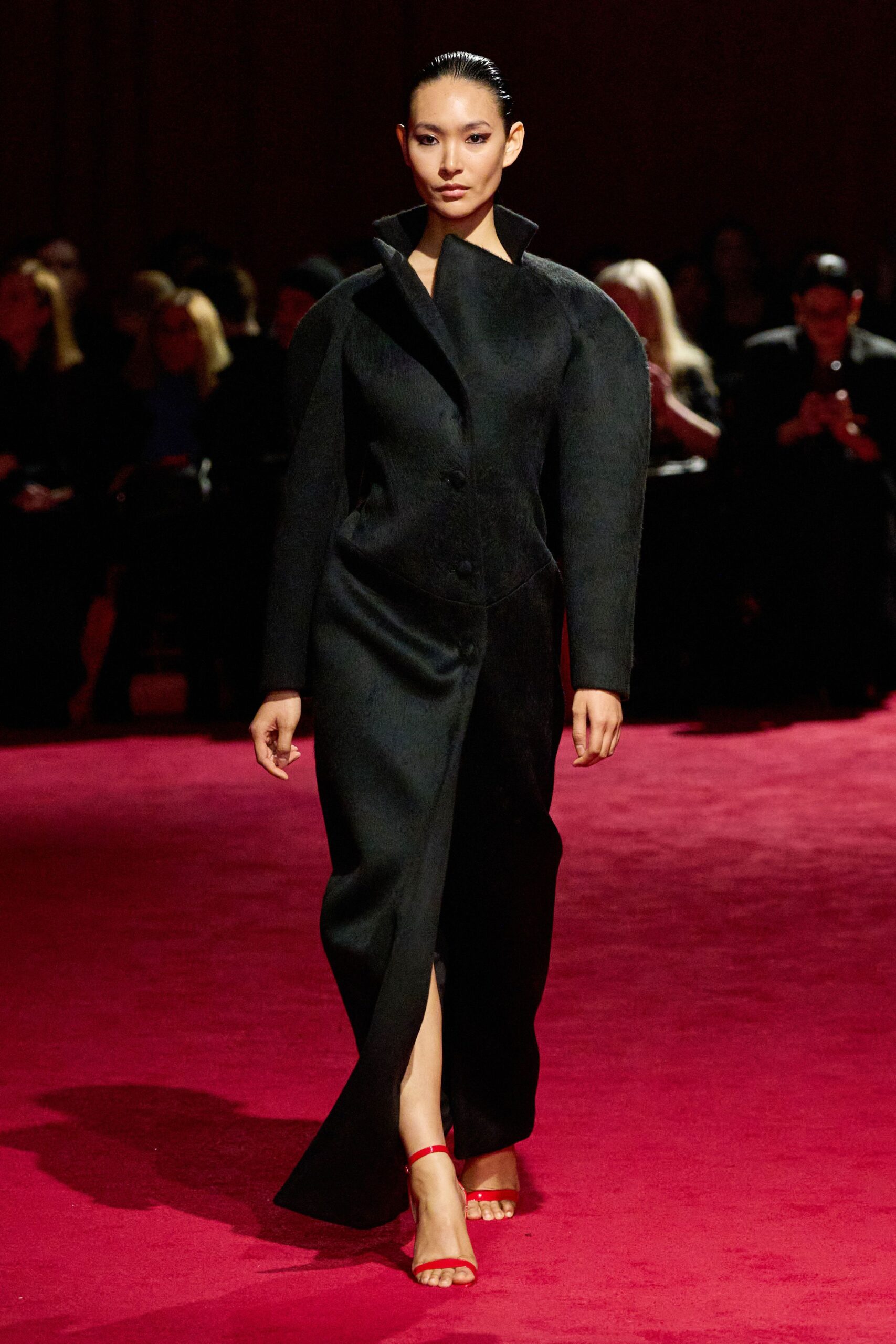 black wool long-sleeve collared fitted buttoned maxi coat