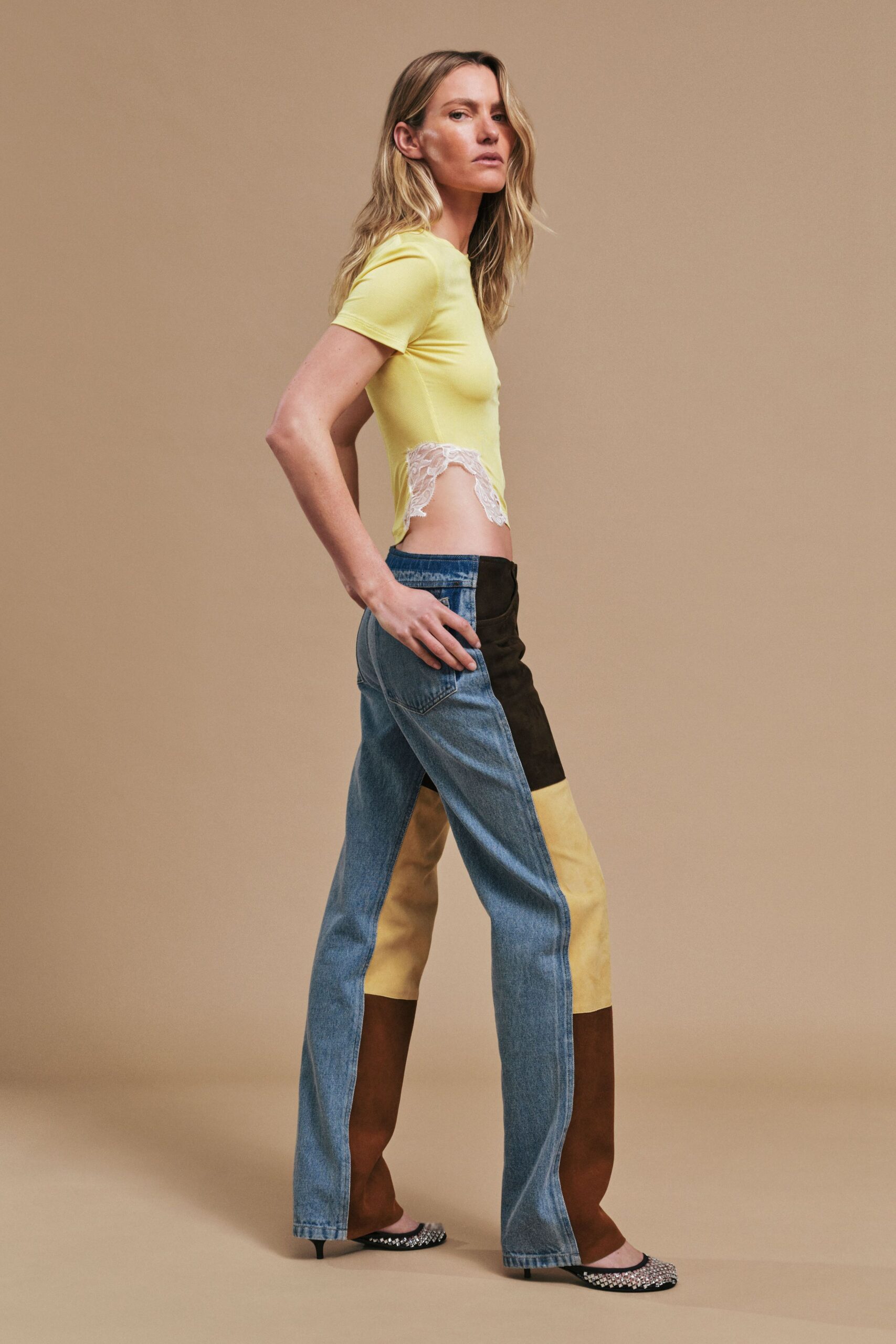 yellow fitted top with color-blocked pants