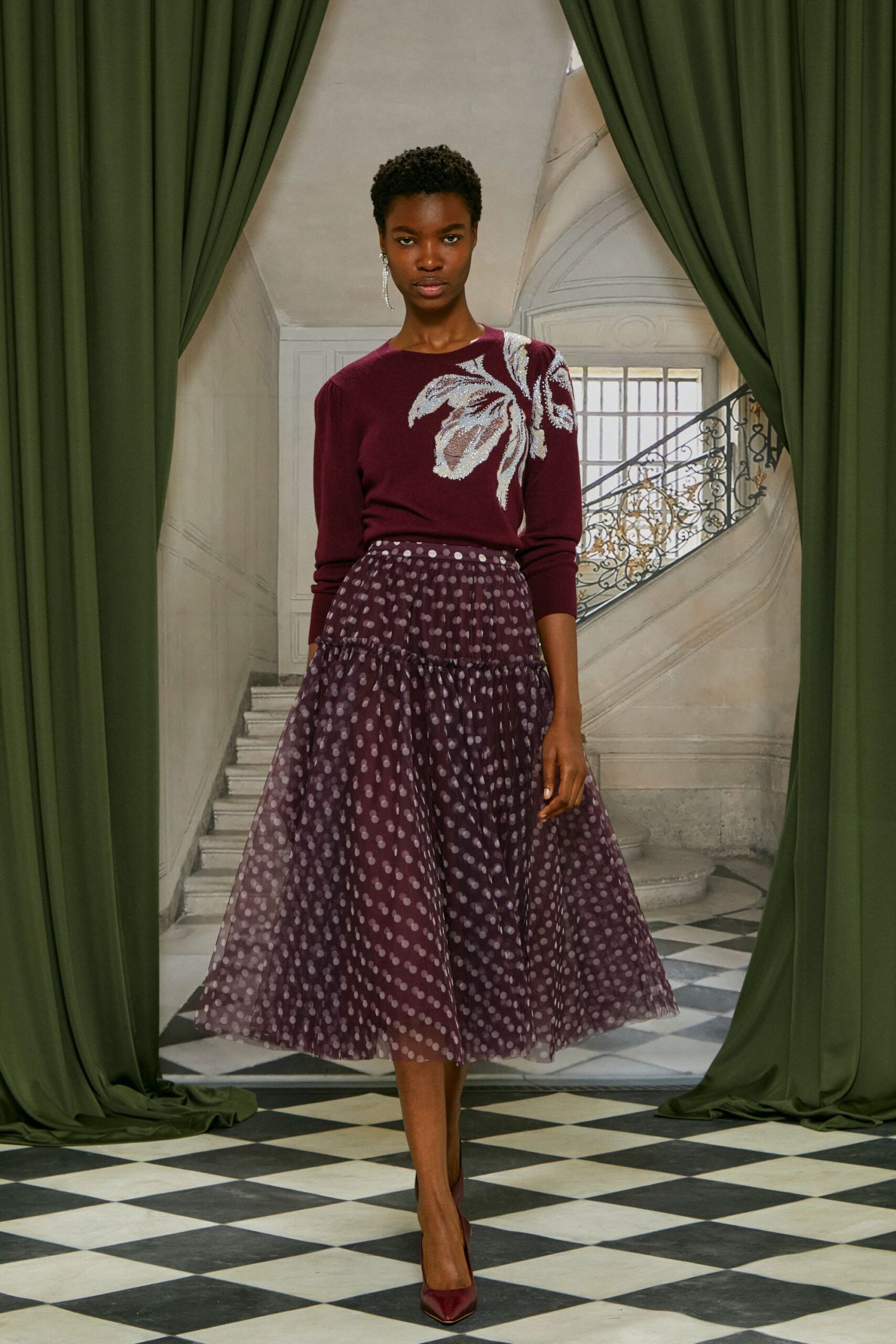 red wool long-sleeve collared fitted embroidered top