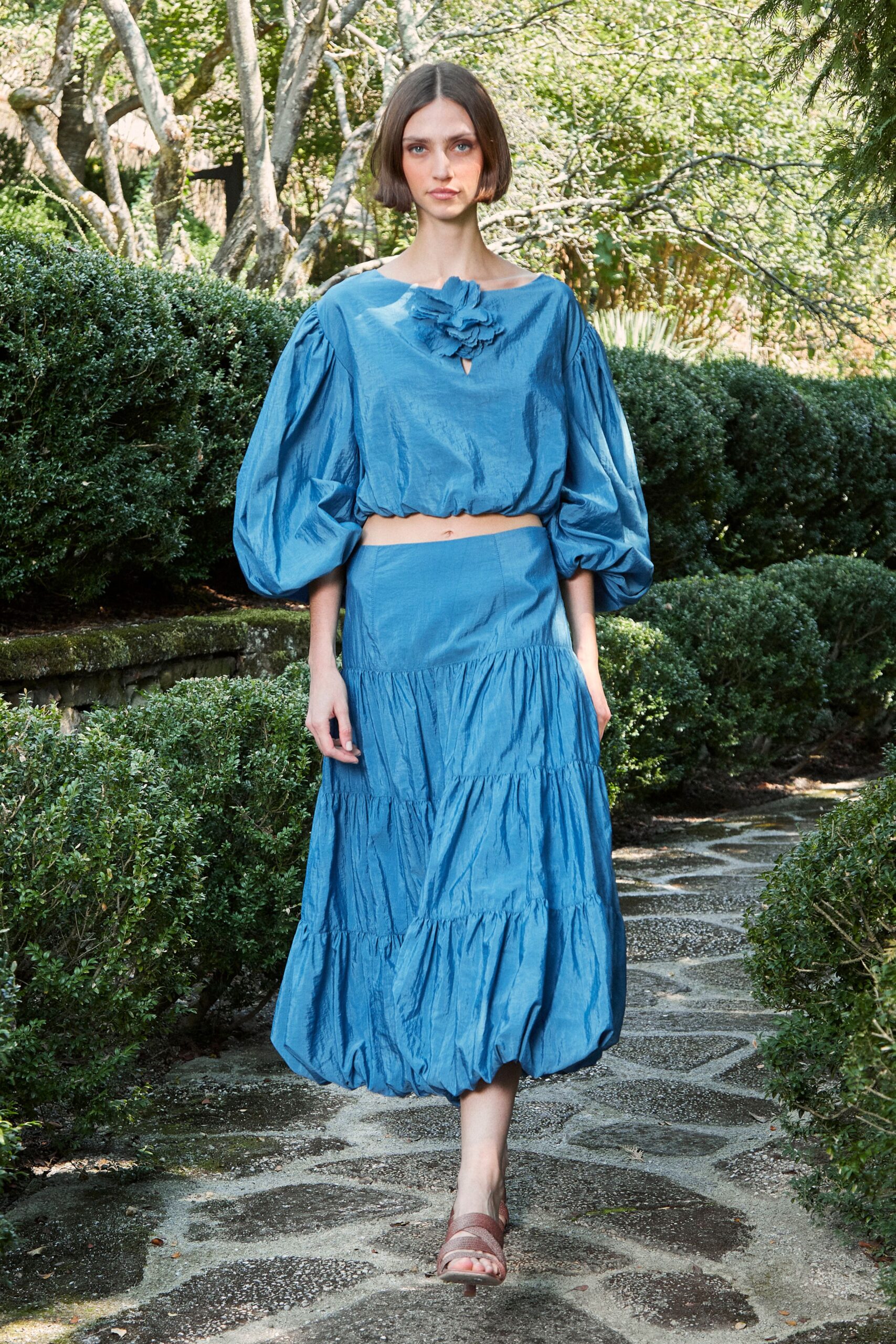 blue cotton long-sleeve off-shoulder relaxed ruffled draped top