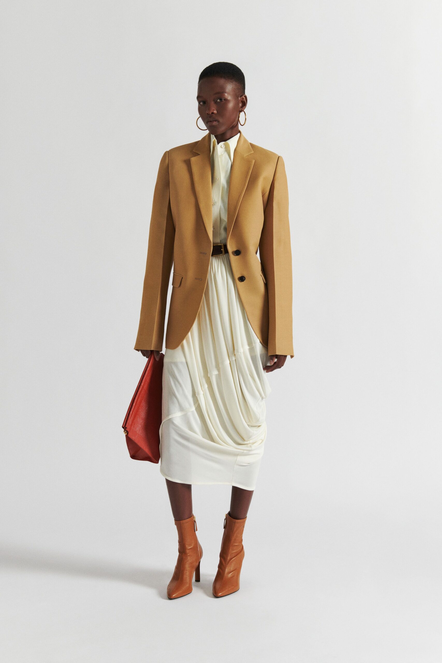 brown tailored blazer with white dress