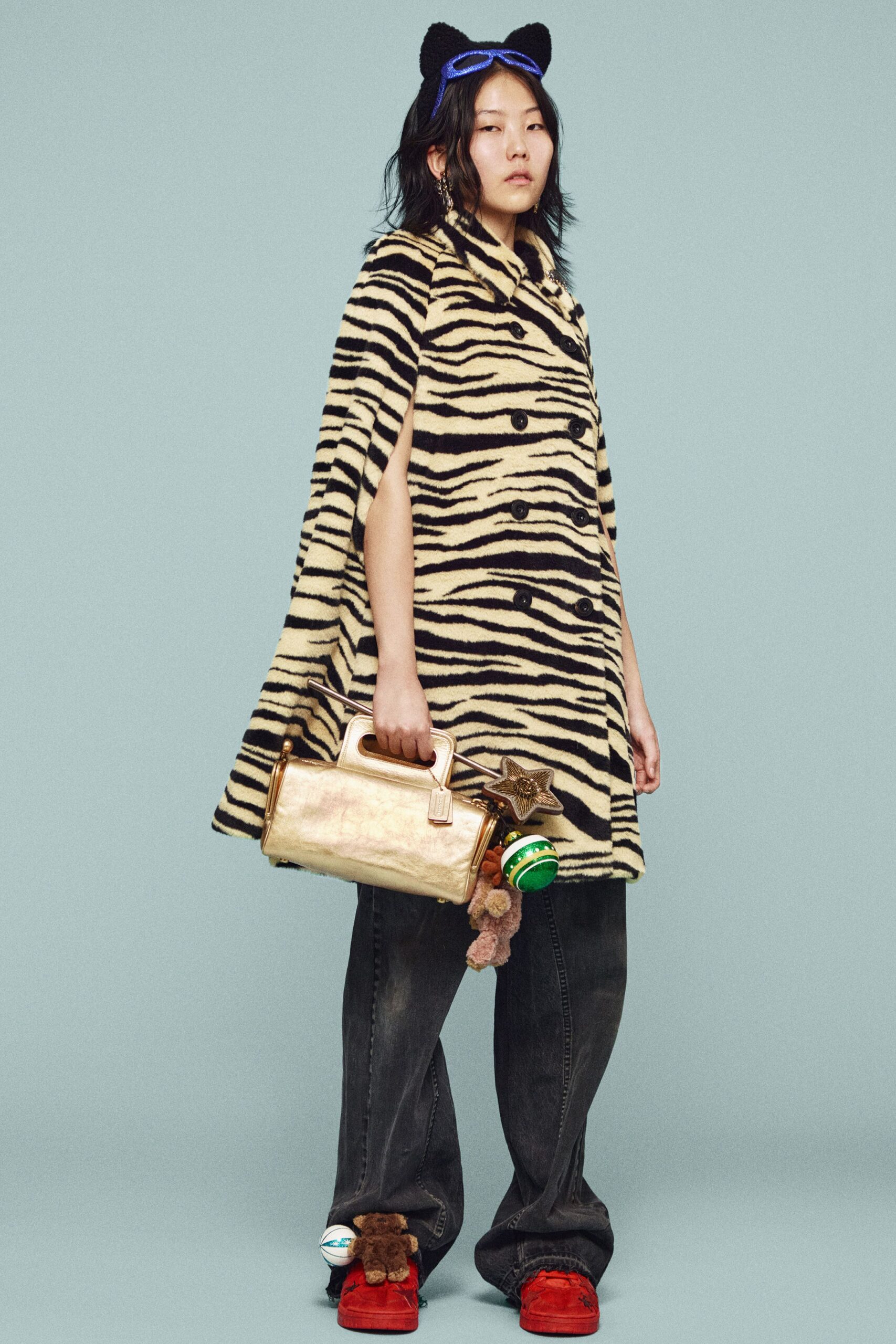 beige fur long-sleeve collared relaxed animal-print cape