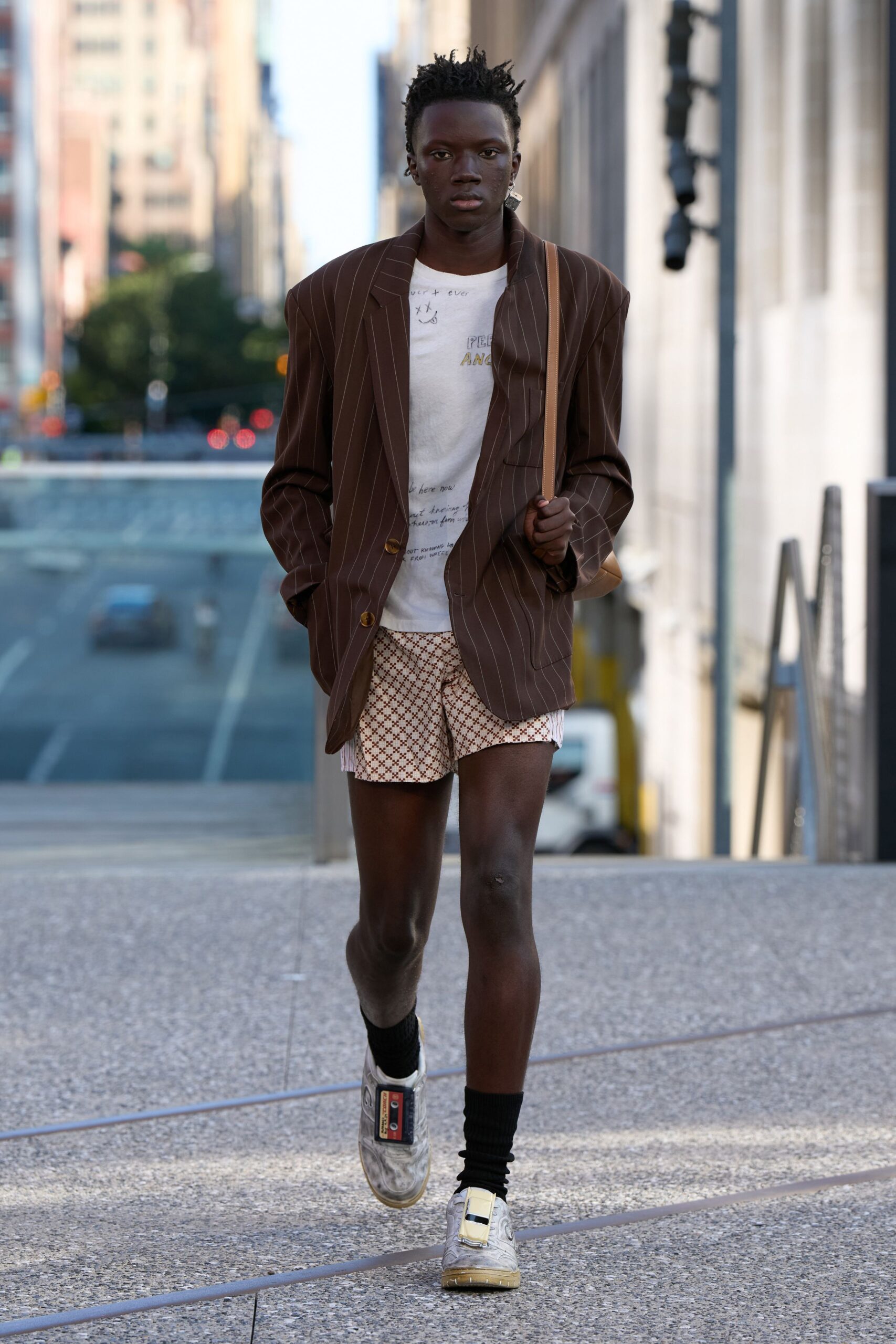 brown striped blazer with shorts