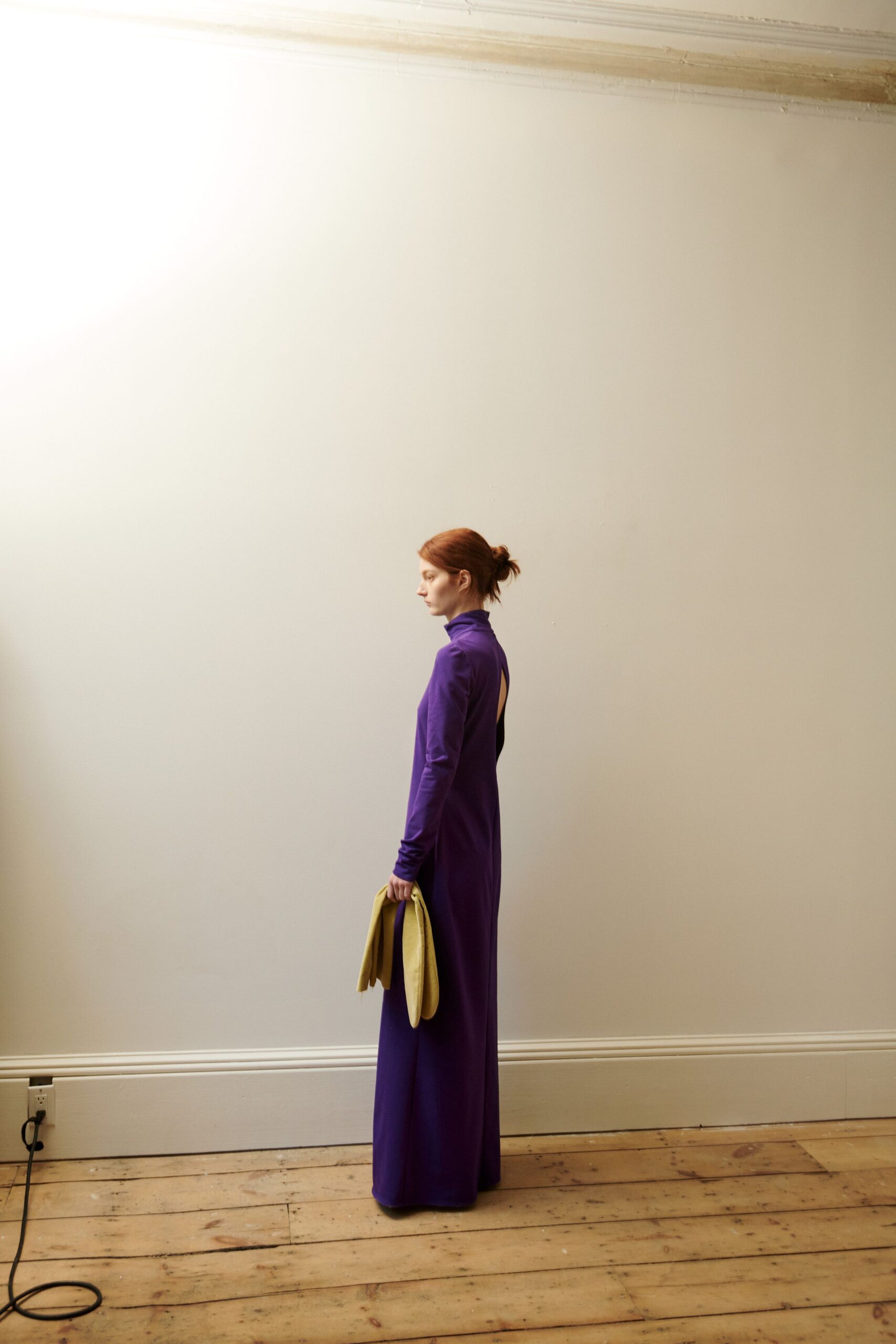 purple cotton long-sleeve high-neck fitted maxi gown