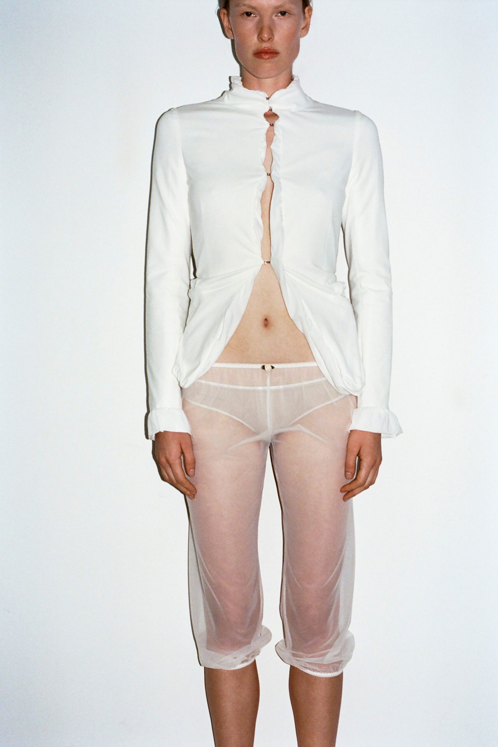 white cotton fitted straight-leg sheer pants