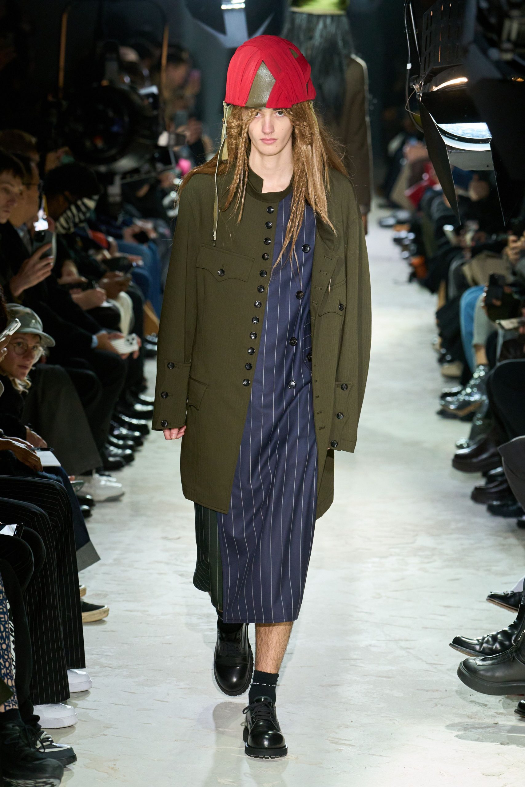 green coat blue striped dress
