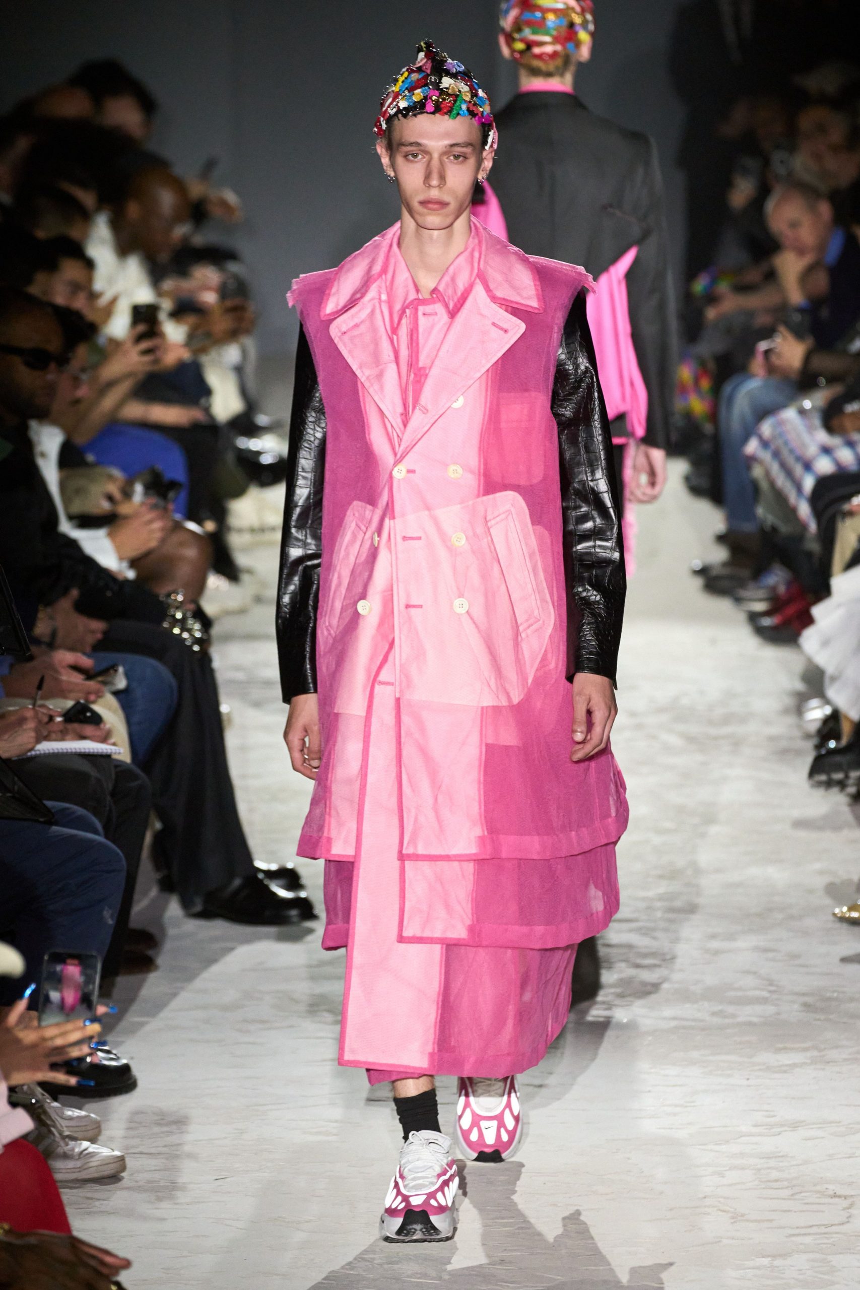 pink cotton long-sleeve collared relaxed layered midi coat