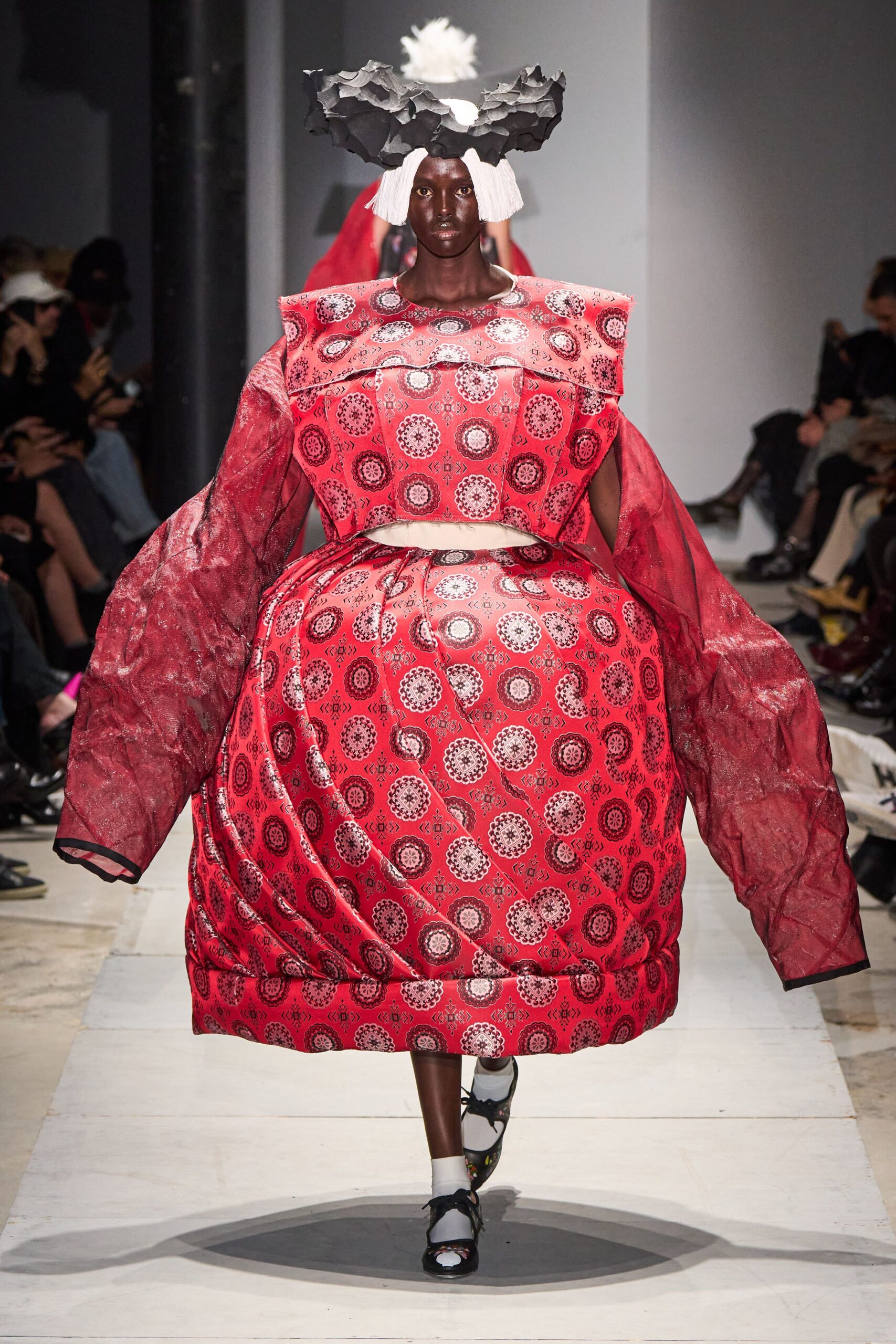 red silk long-sleeve relaxed pleated embroidered maxi dress