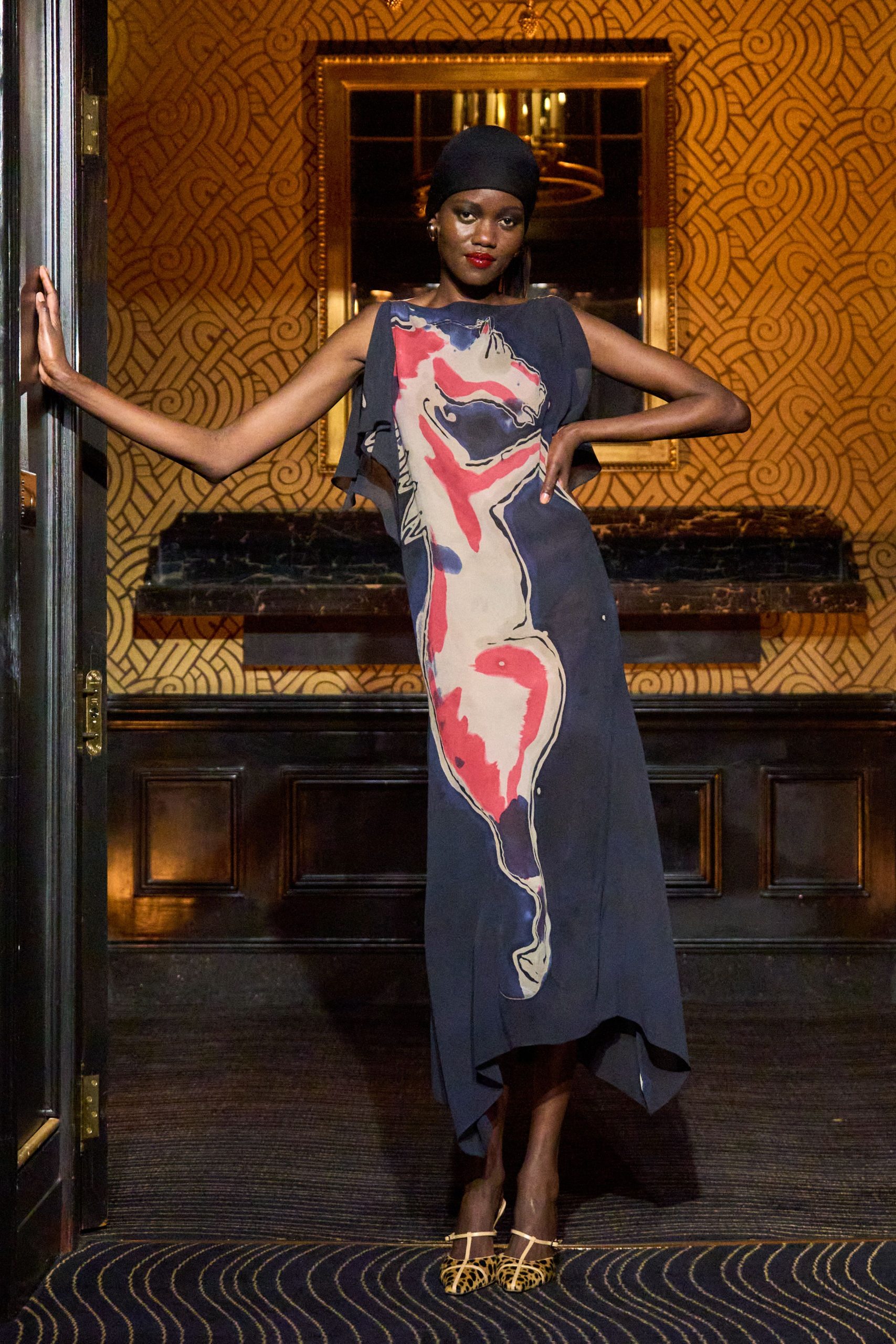 black and red printed midi dress