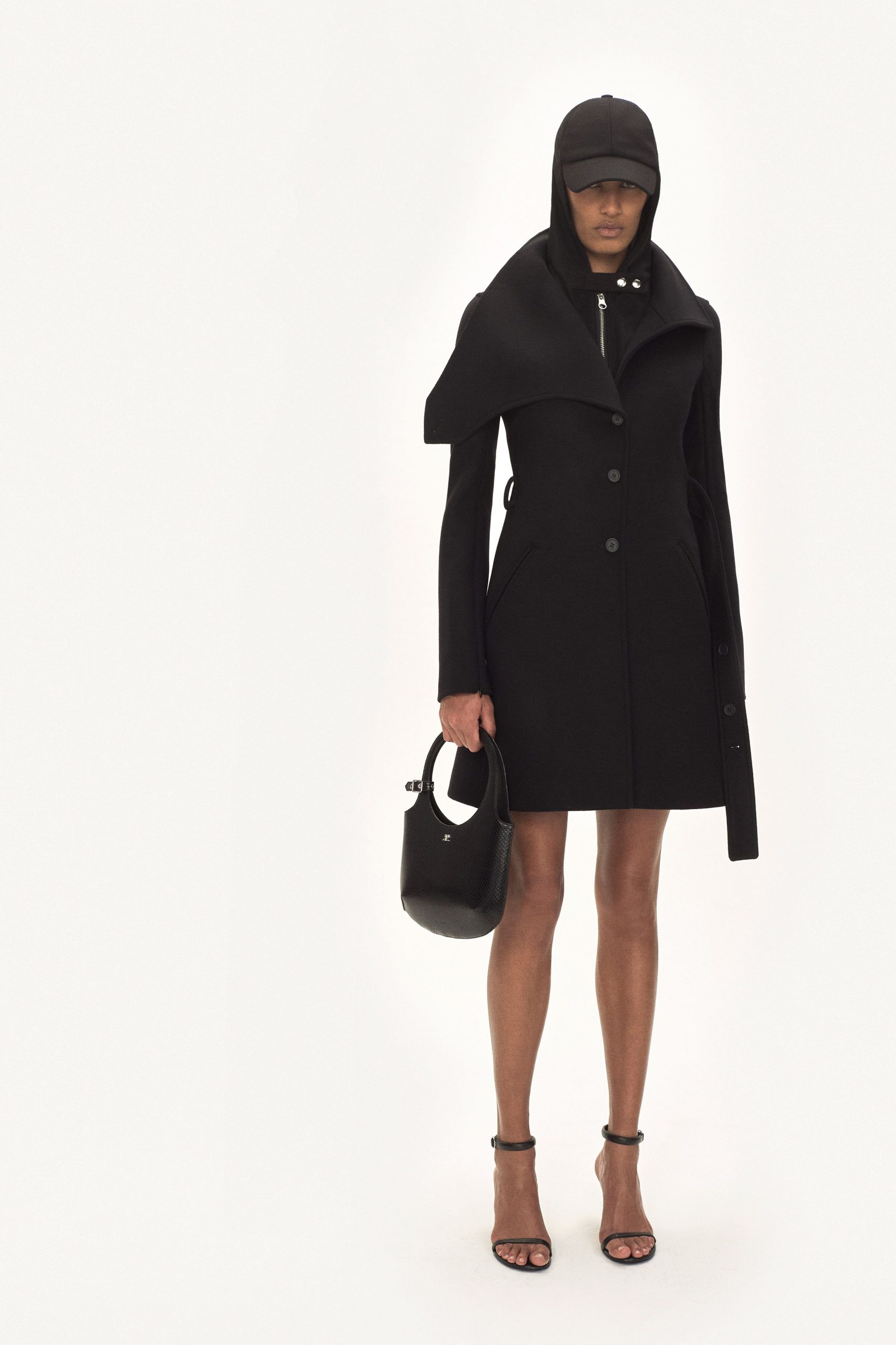 black fitted coat with accessories