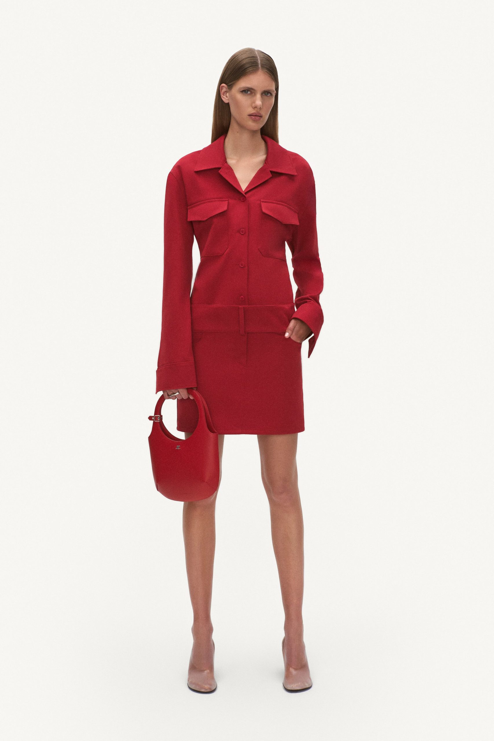 red wool long-sleeve collared fitted buttoned pockets blazer