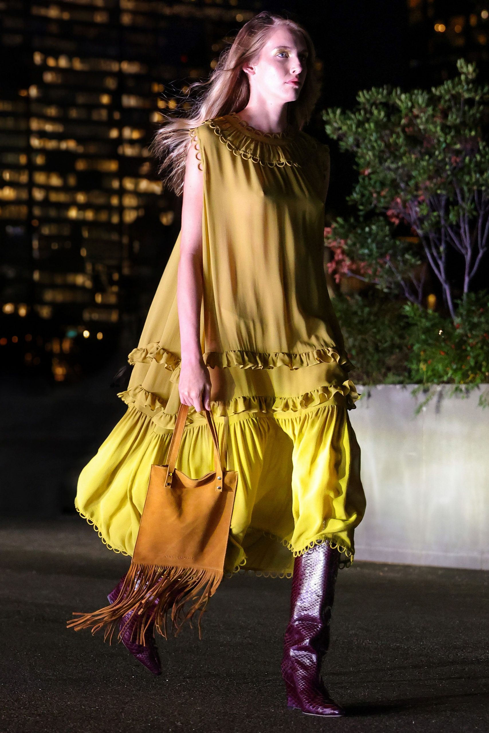 yellow chiffon sleeveless high-neck relaxed ruffled tiered dress