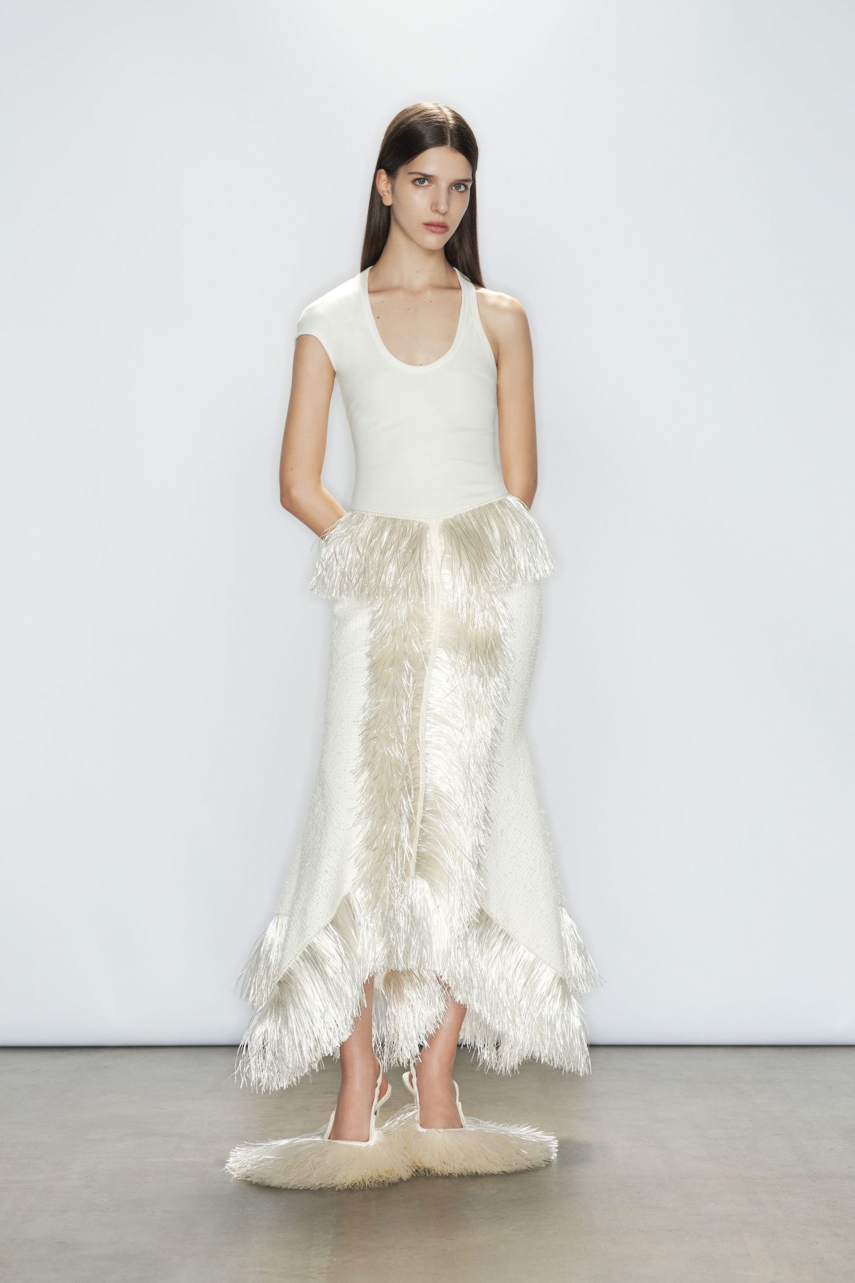 white fringed midi dress with fur shoes