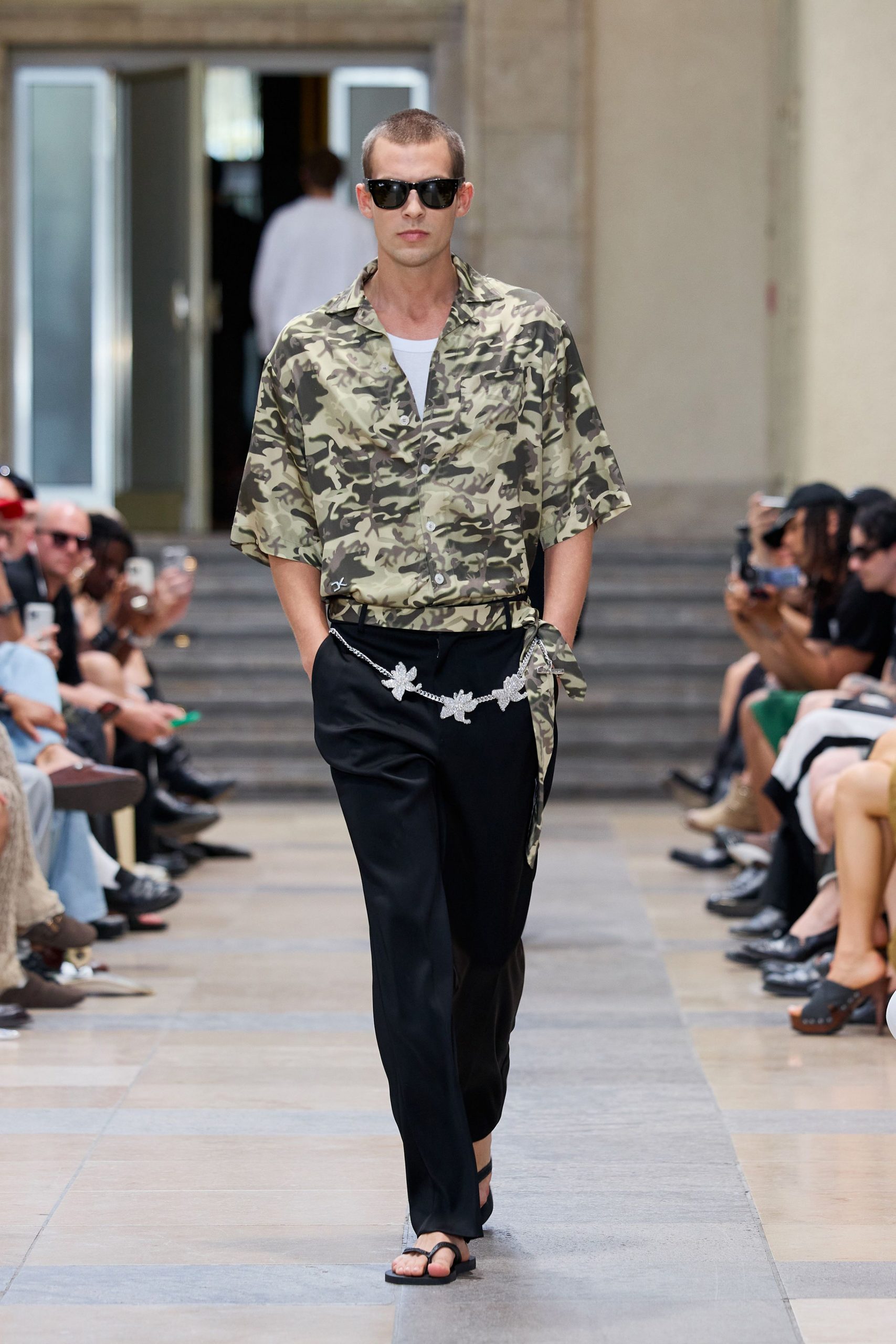 camouflage short-sleeve shirt with tailored pants