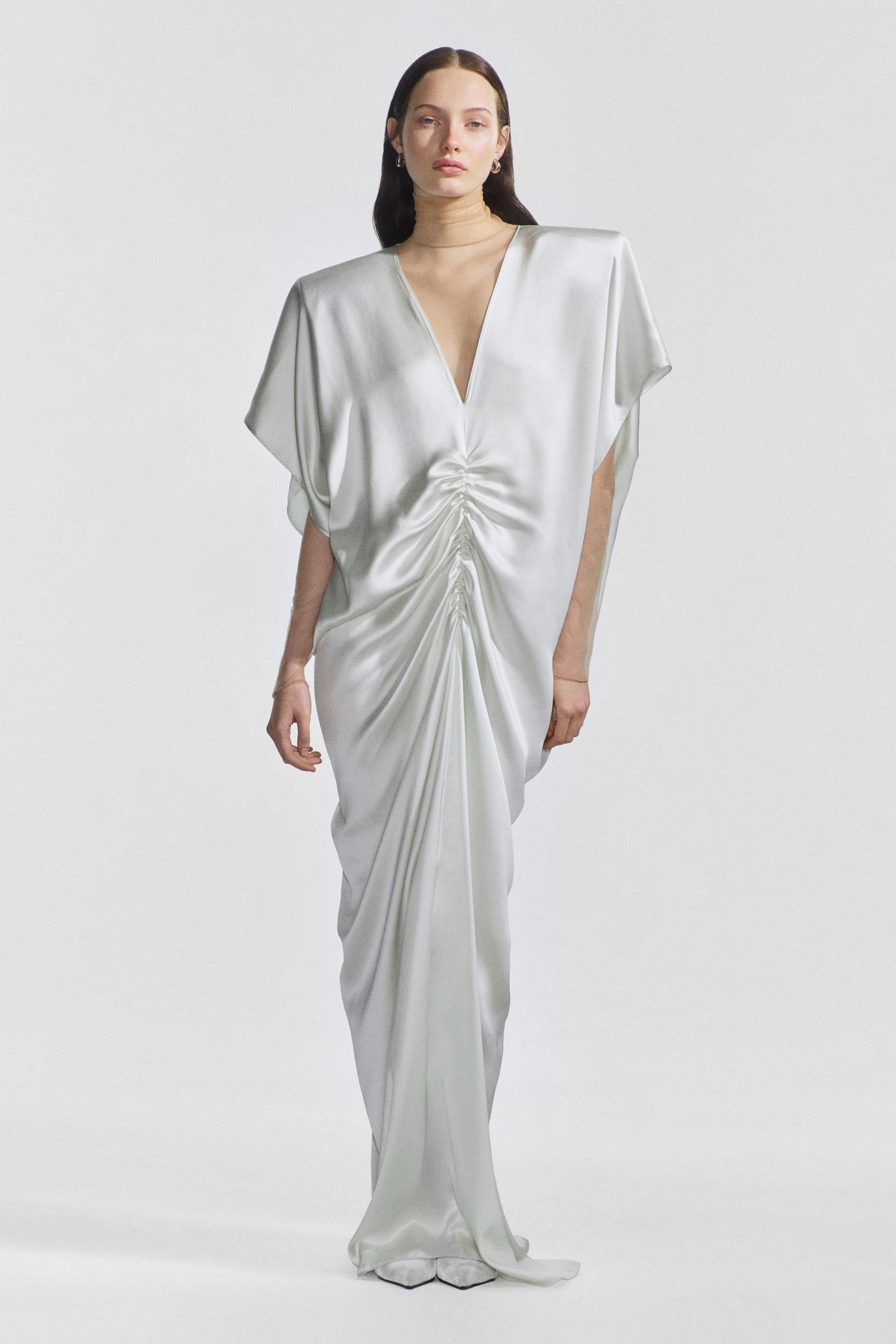 white silk ruched gown