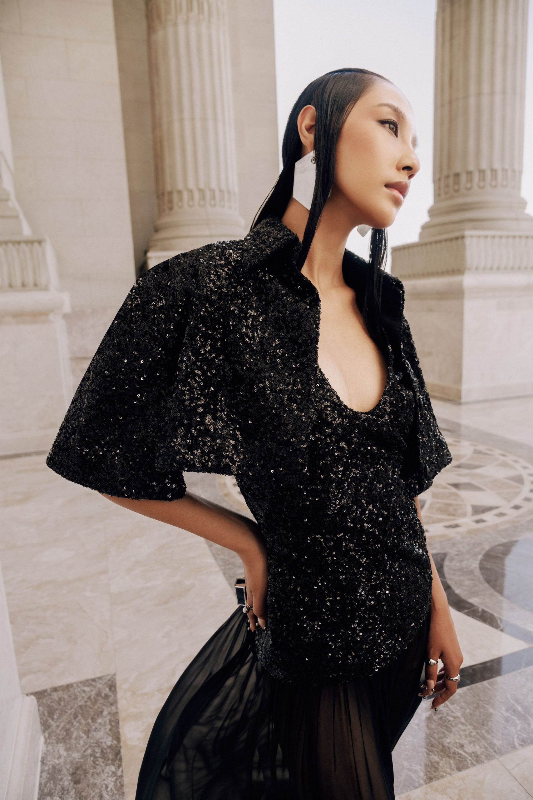 black sequin short-sleeve v-neck fitted embellished shiny top