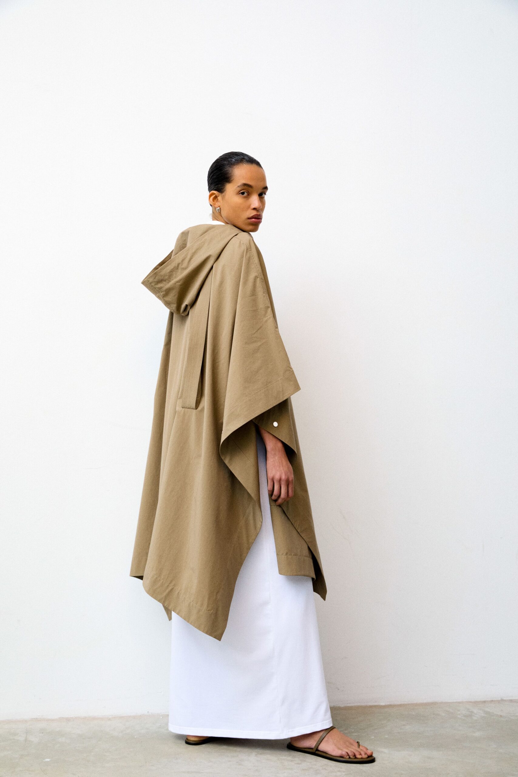 beige cape white maxi dress