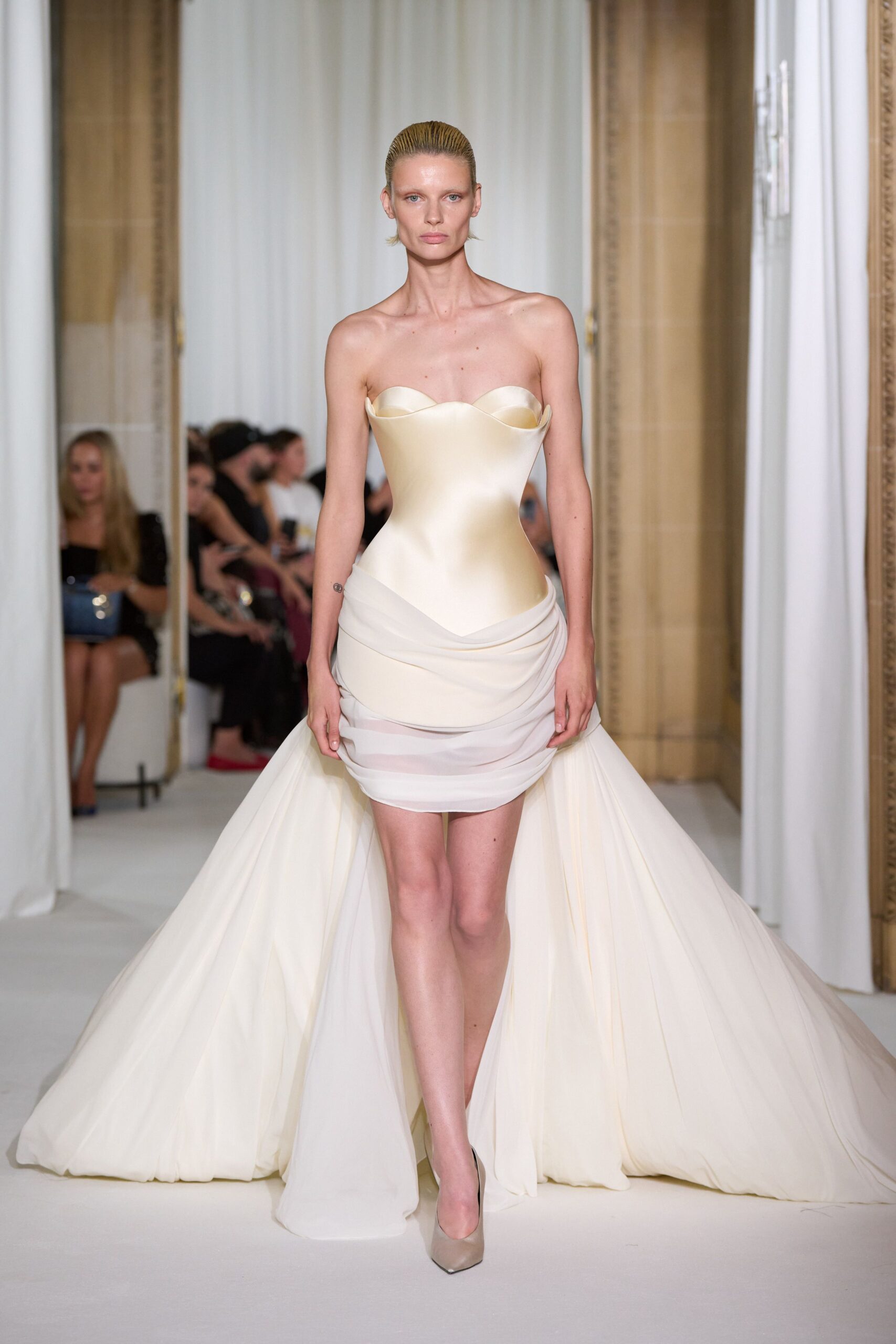 ivory silk strapless fitted draped tiered flowing gown