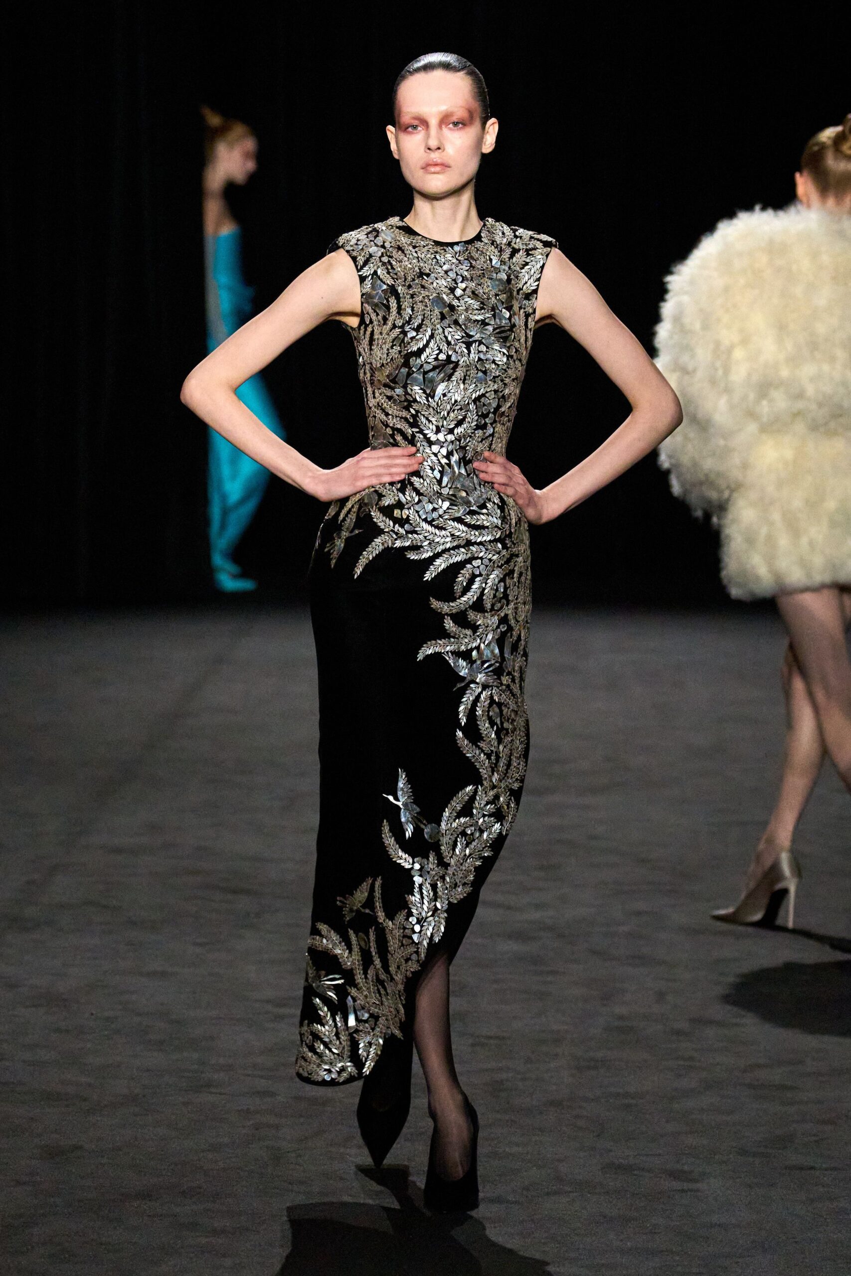 black velvet gown with gold embroidery