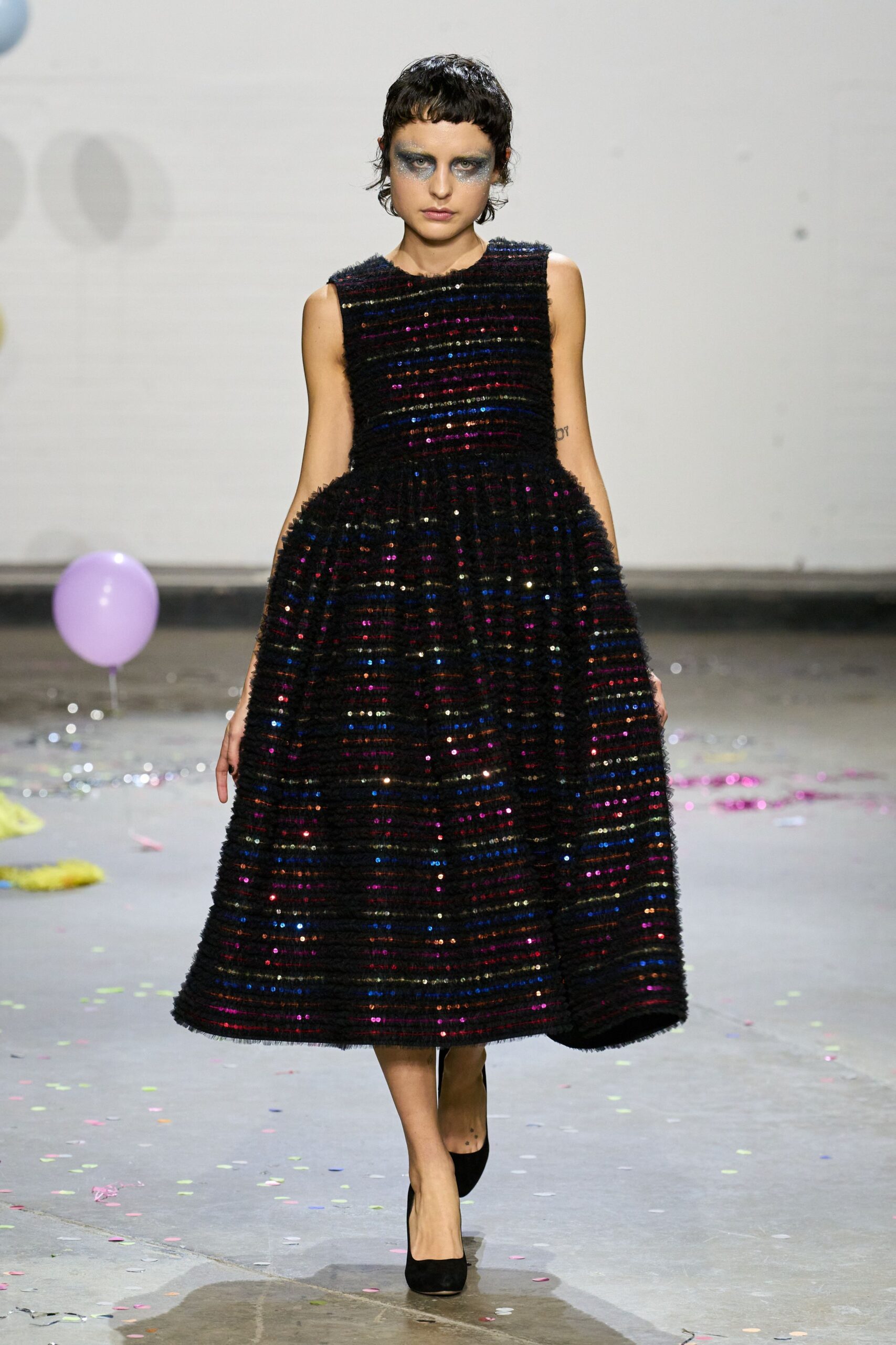 black silk sleeveless high-neck fitted pleated sequined dress