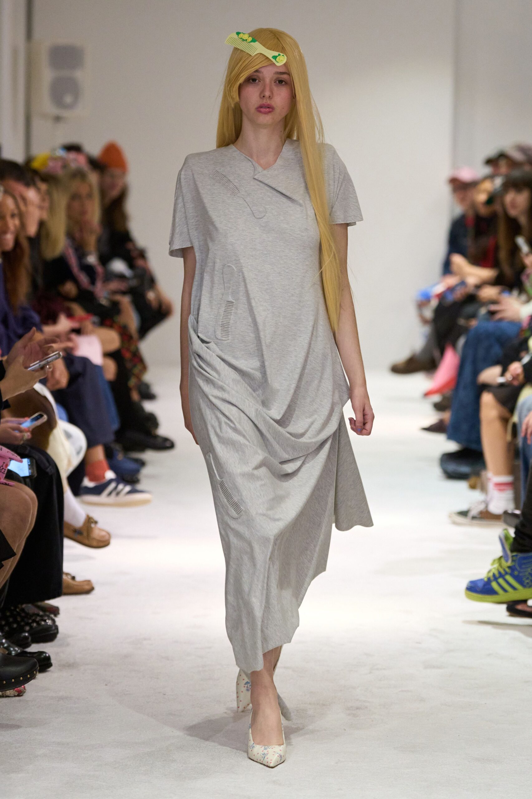 gray cotton short-sleeve v-neck relaxed draped midi dress