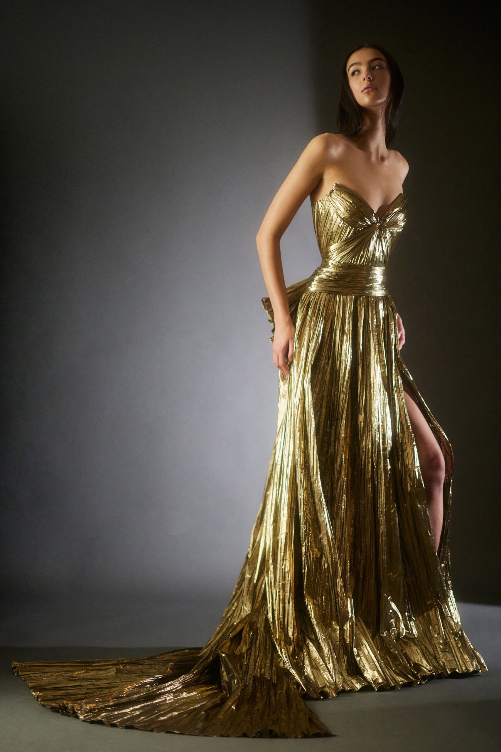 gold pleated strapless gown