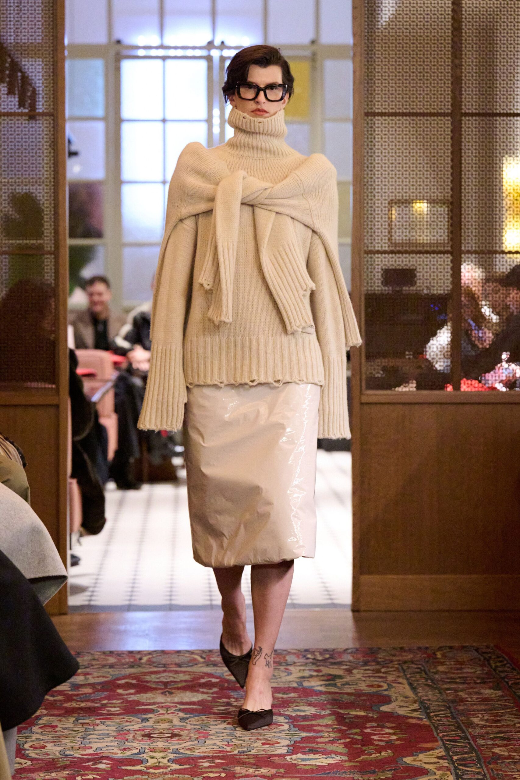 beige knit long-sleeve turtleneck oversized layered sweater