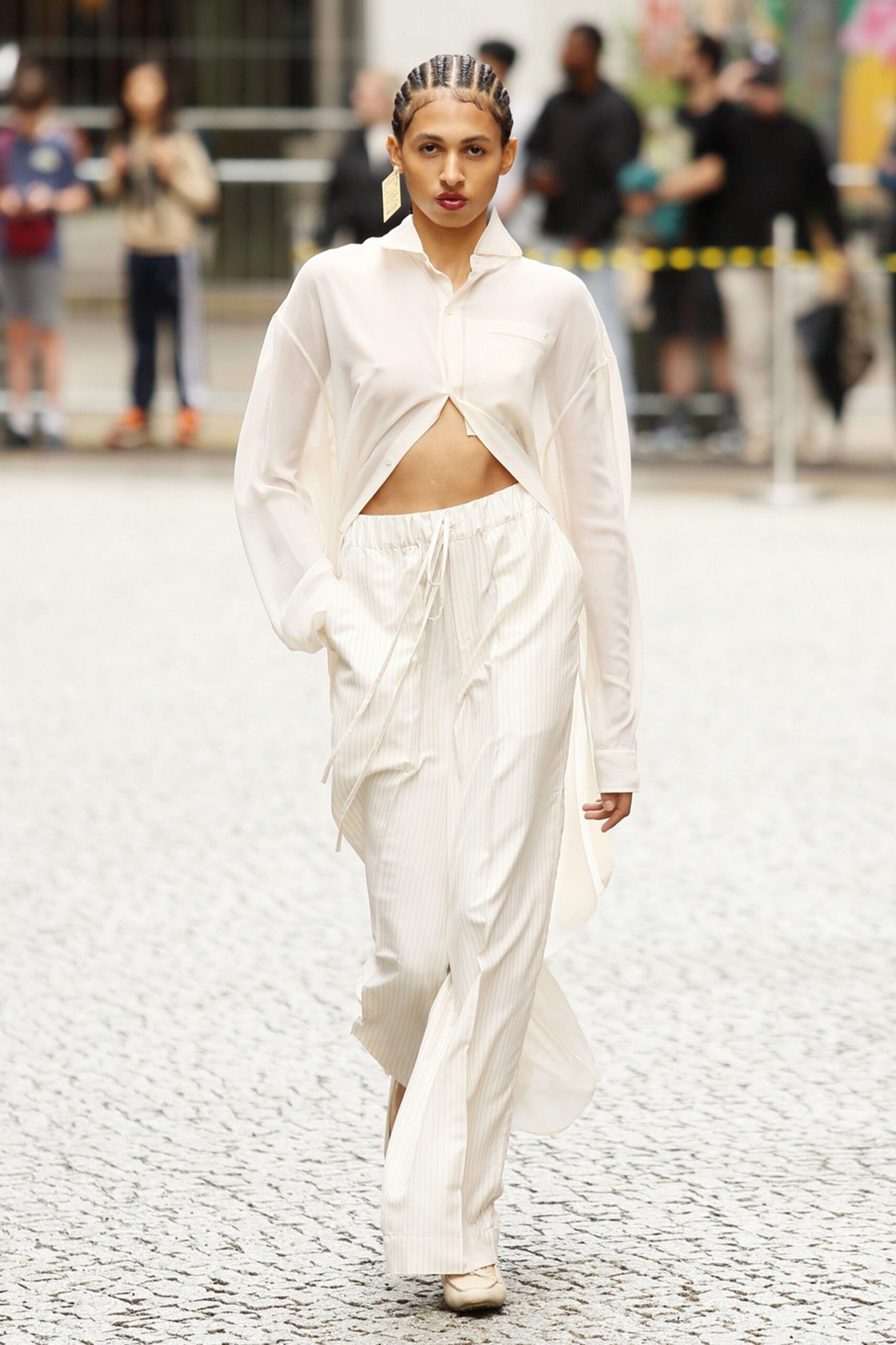 white cotton long-sleeve collared fitted draped top