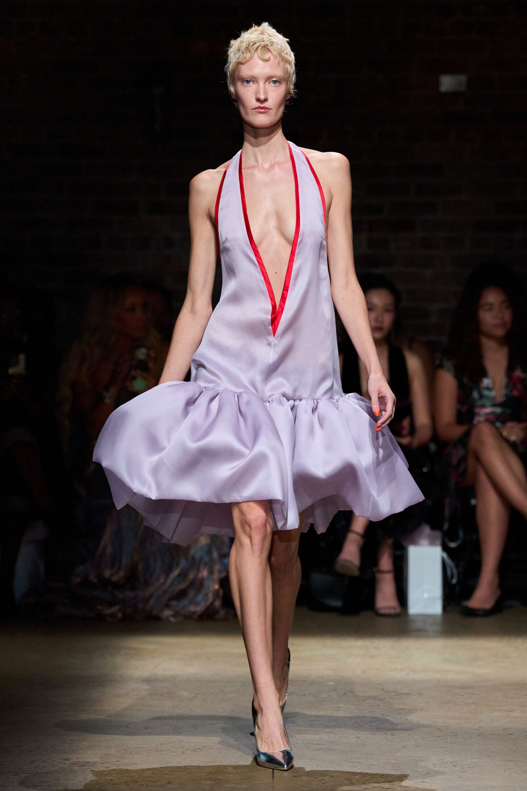 lavender silk sleeveless dress with red detail