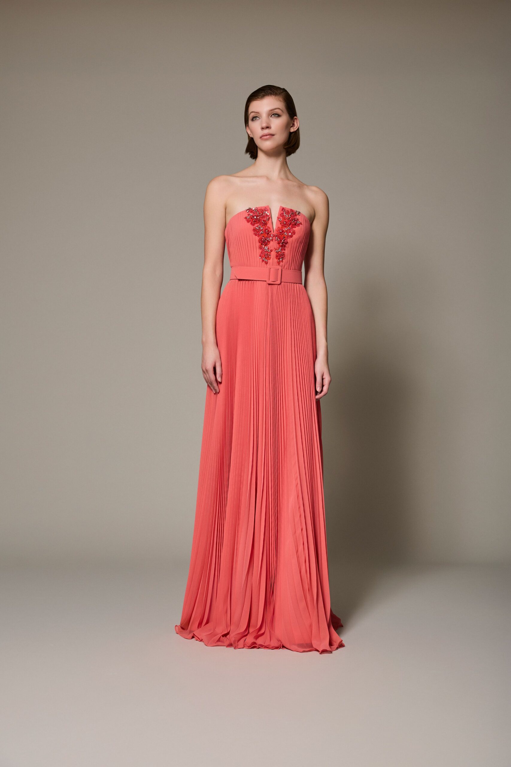 pink strapless pleated gown