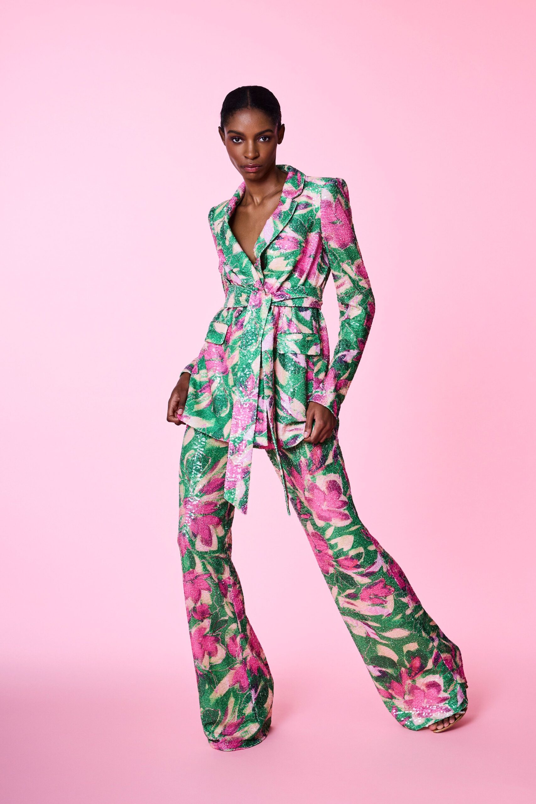 floral green pink fitted suit