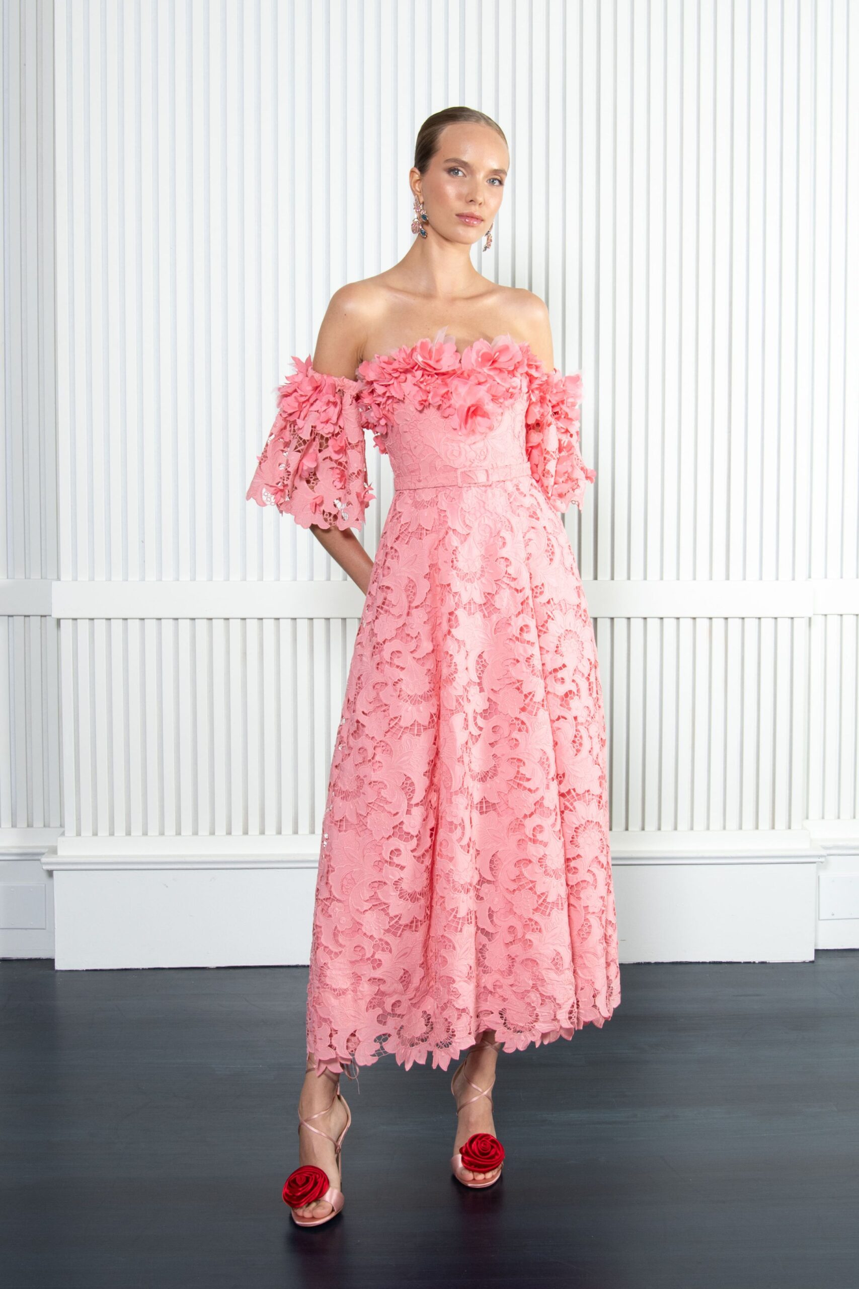 pink lace off-shoulder short-sleeve fitted floral embroidered gown