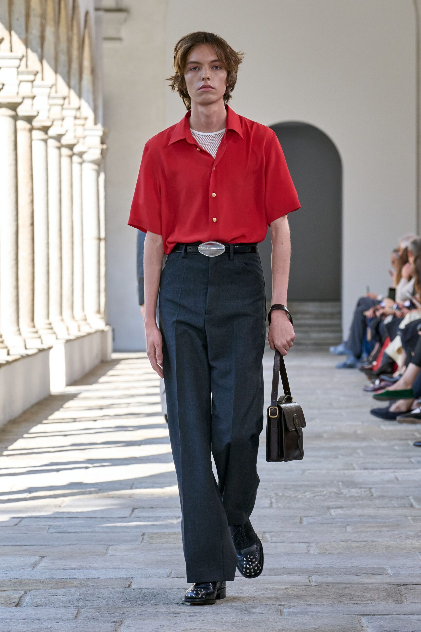 gray wool tailored high-waisted straight-leg pants