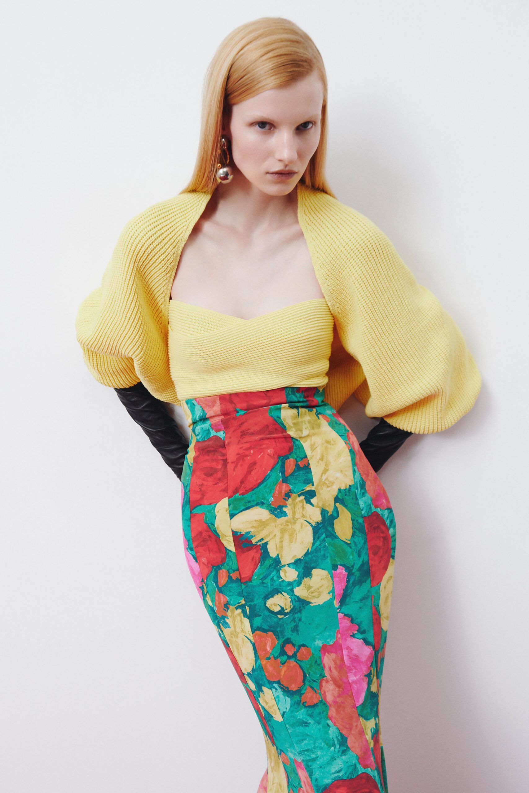 red silk fitted high-waisted printed pencil midi skirt