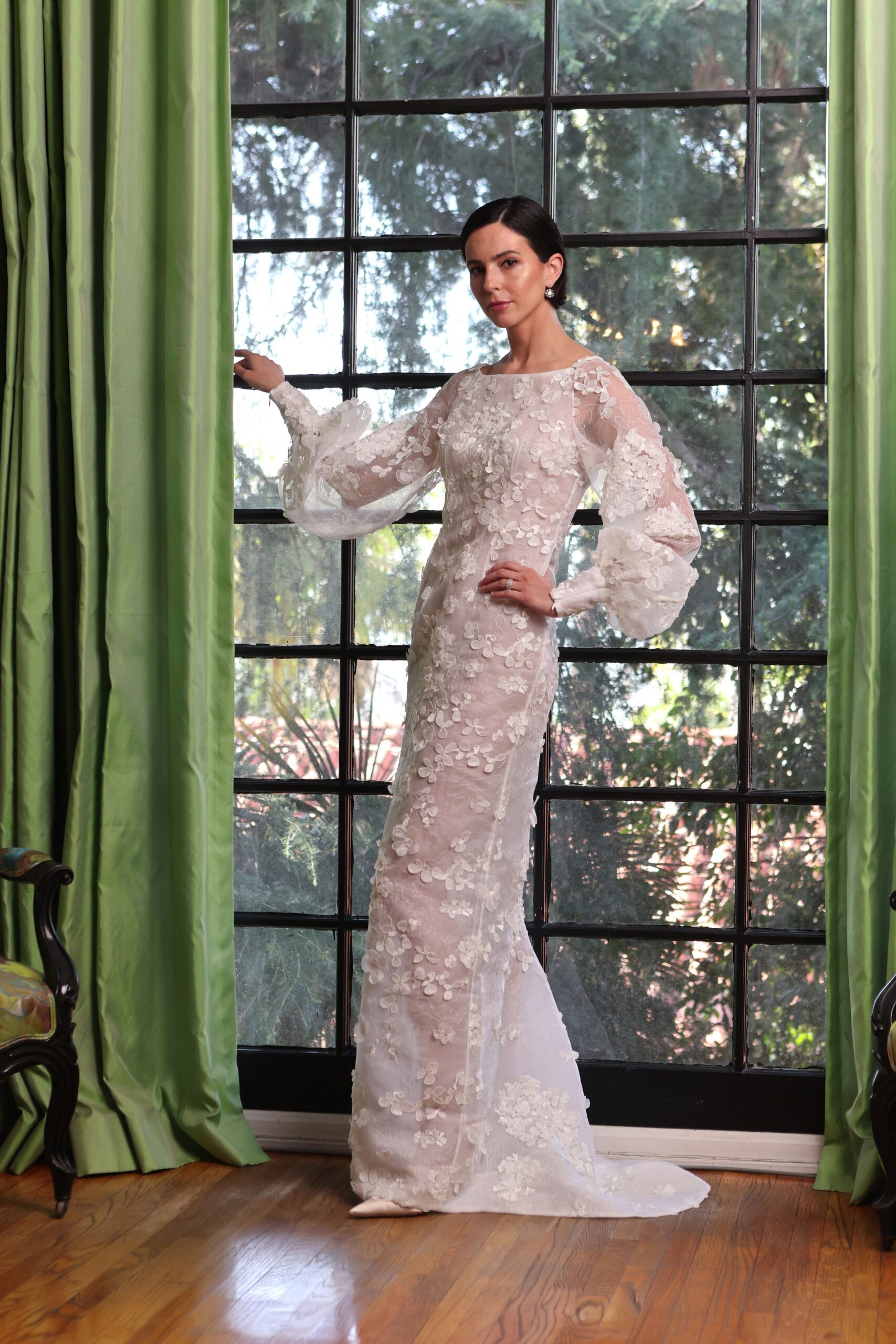 white lace off-shoulder gown