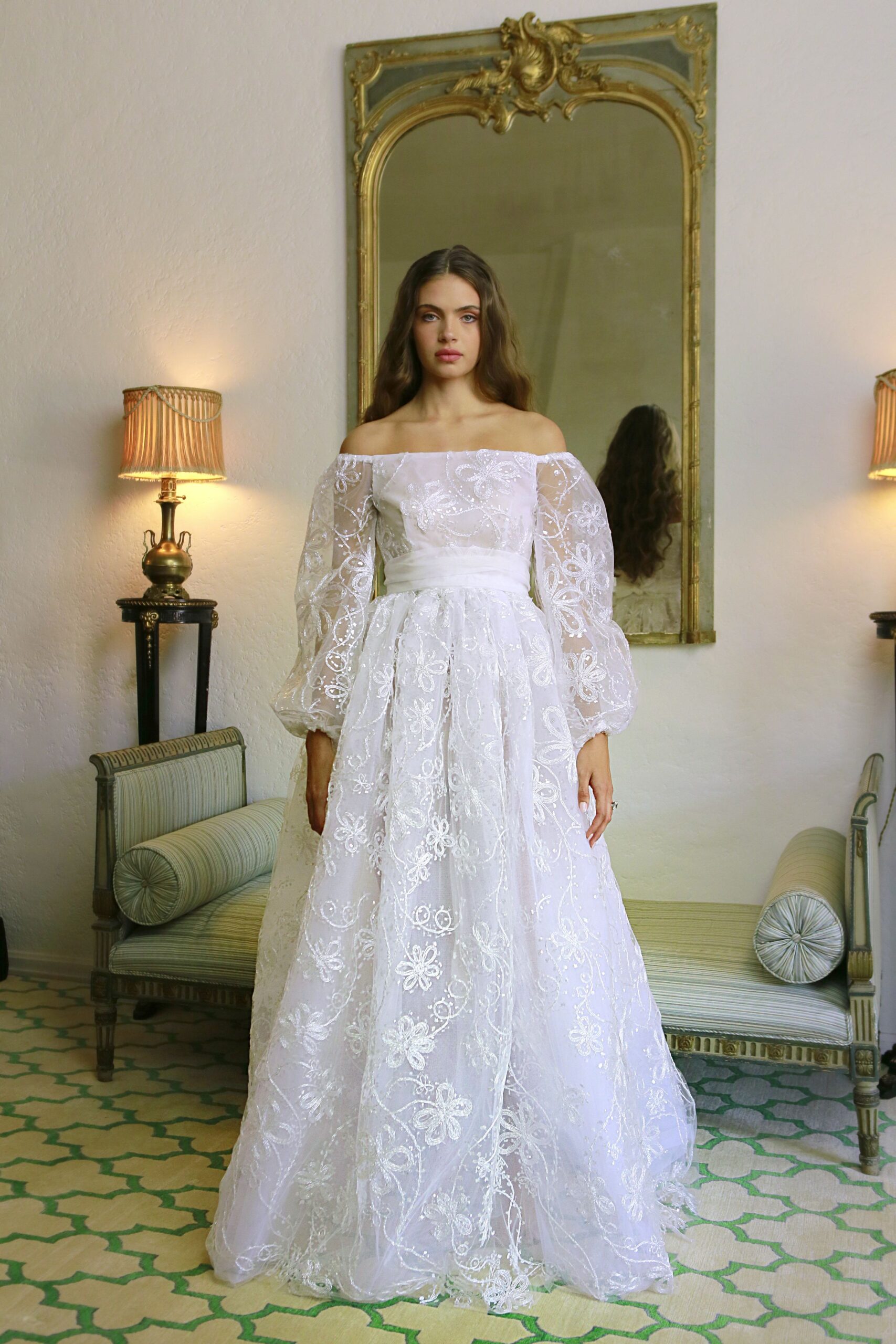 white lace off-shoulder gown