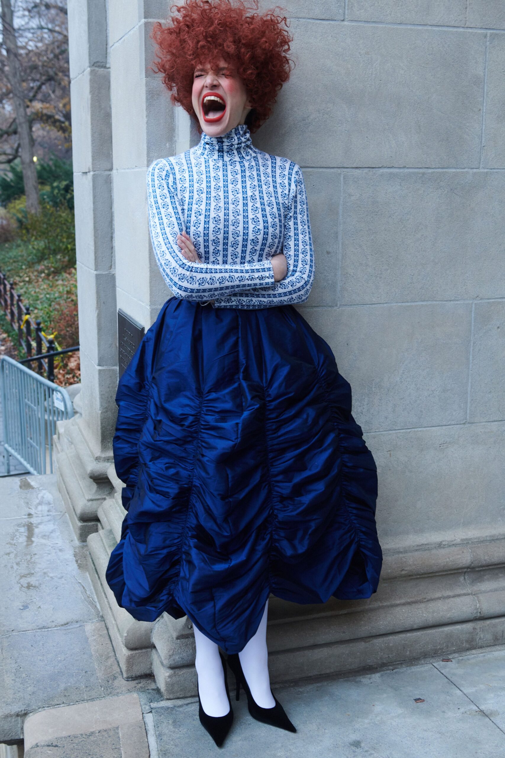 blue pleated midi skirt with printed top