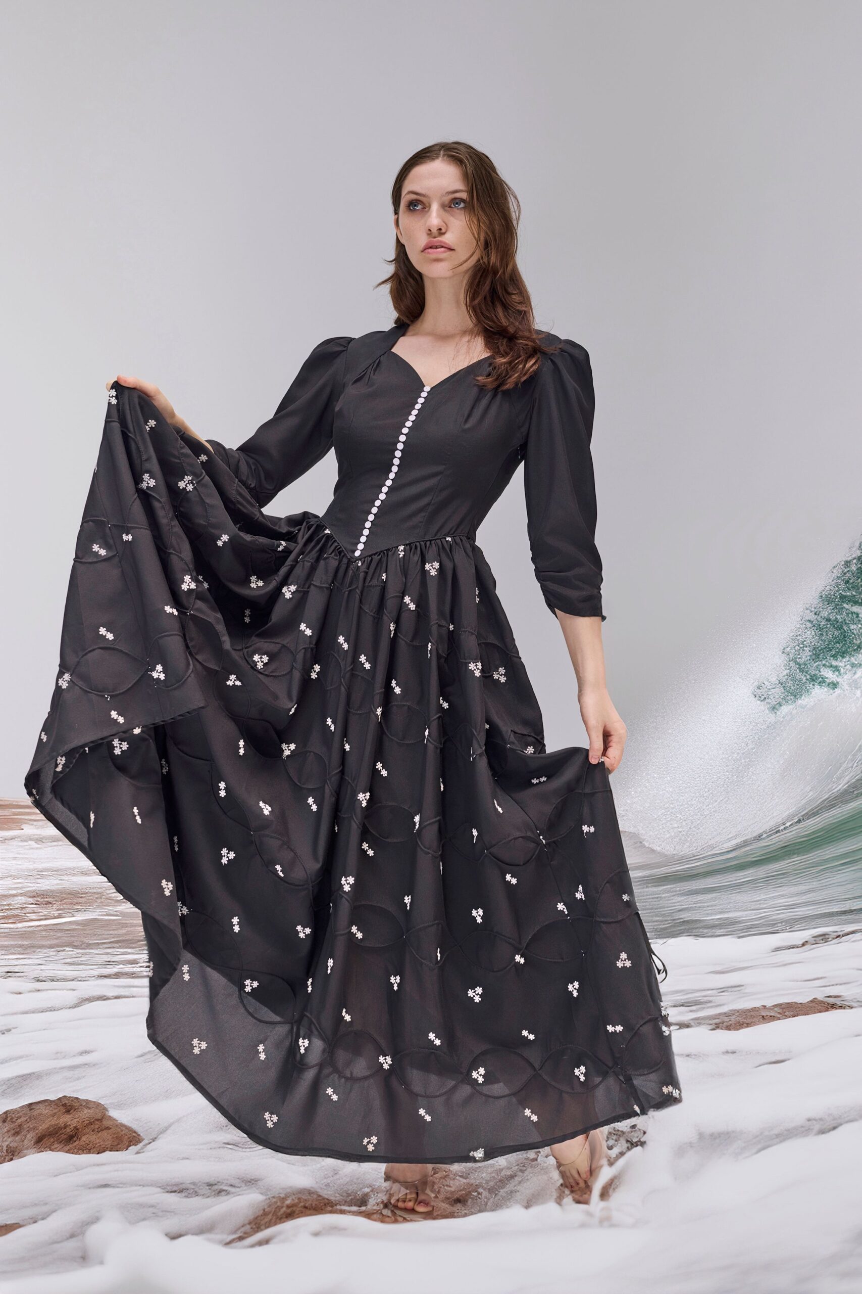 black silk embroidered gown
