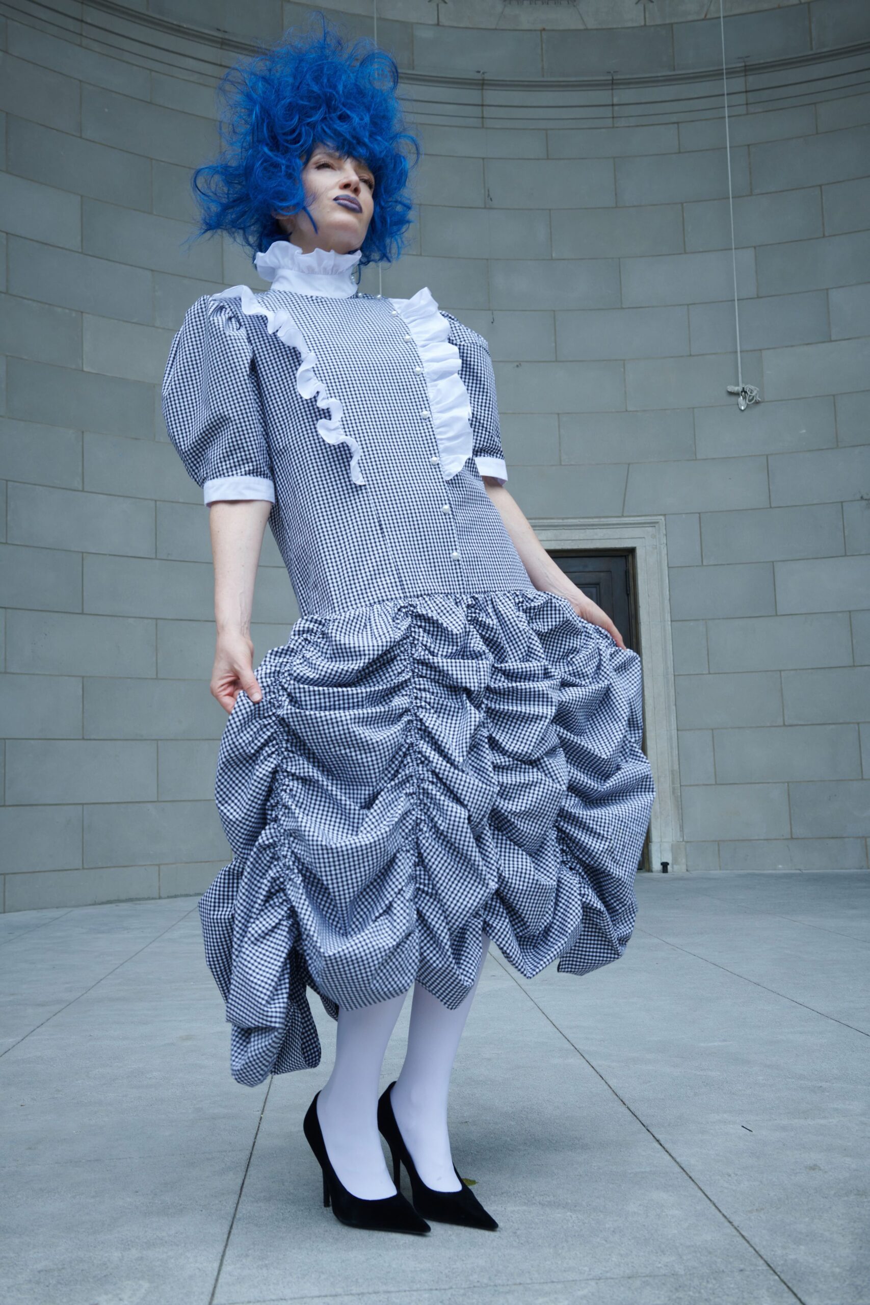 blue cotton short-sleeve high-neck structured buttoned checked dress