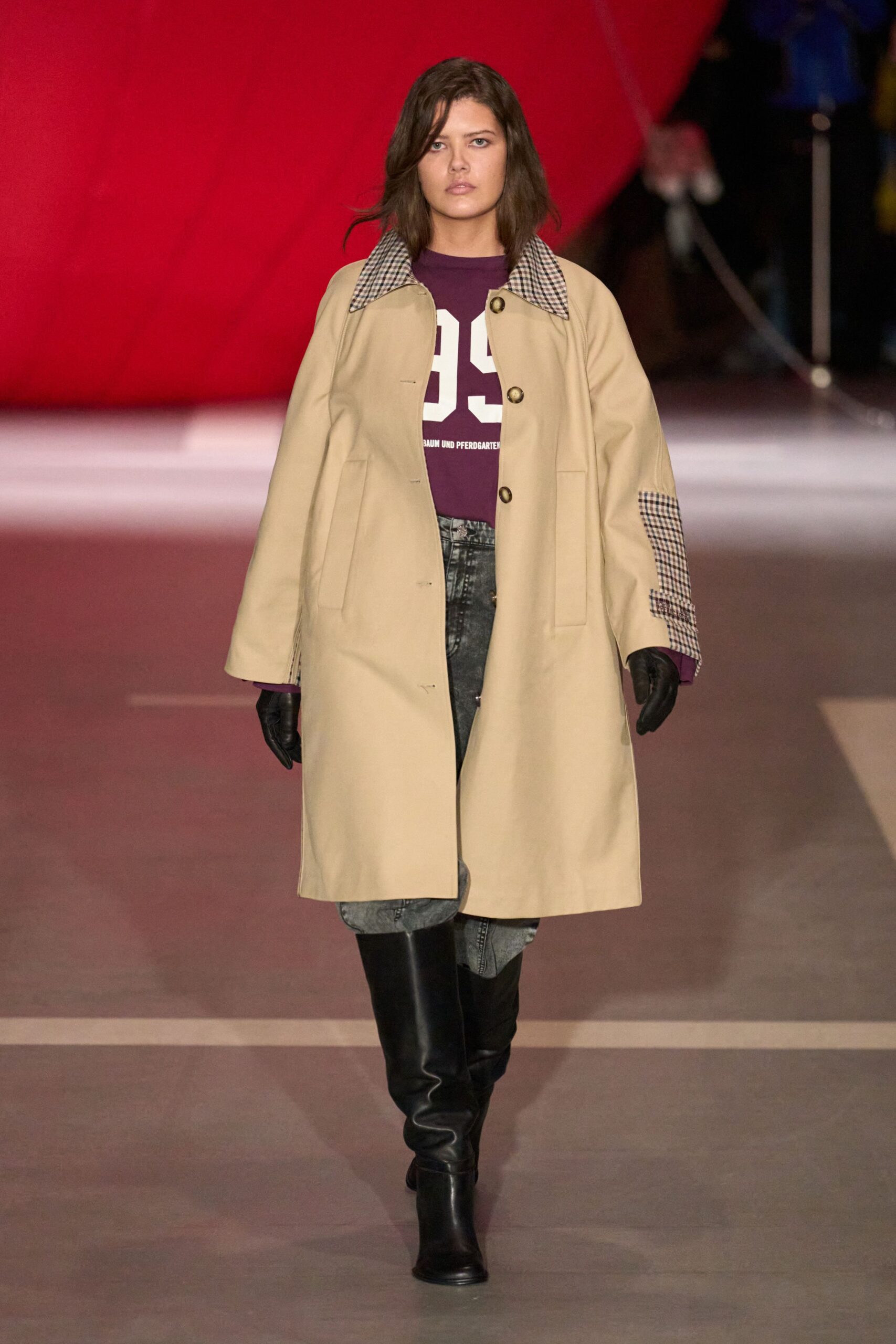 beige coat with purple top