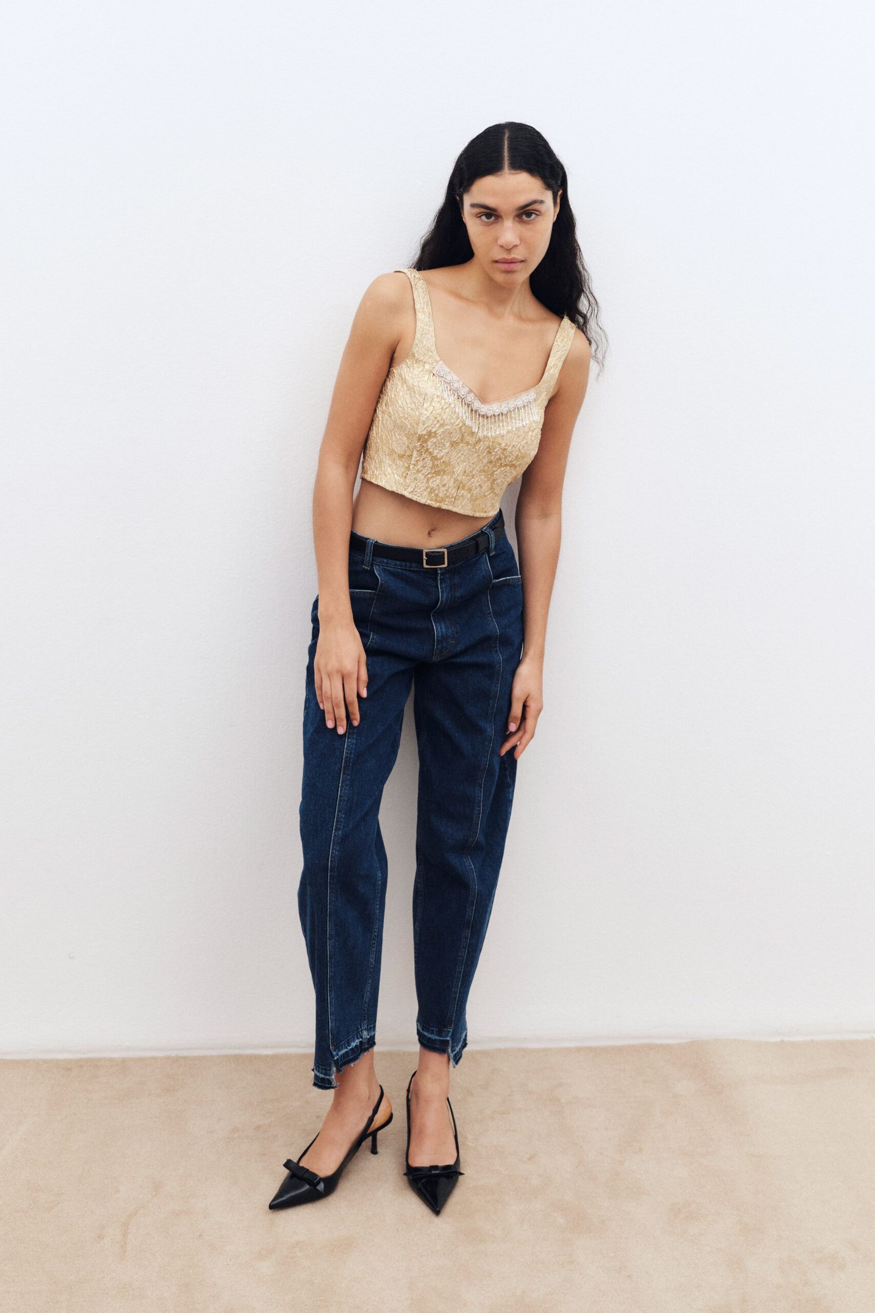 yellow silk sleeveless v-neck fitted embroidered top
