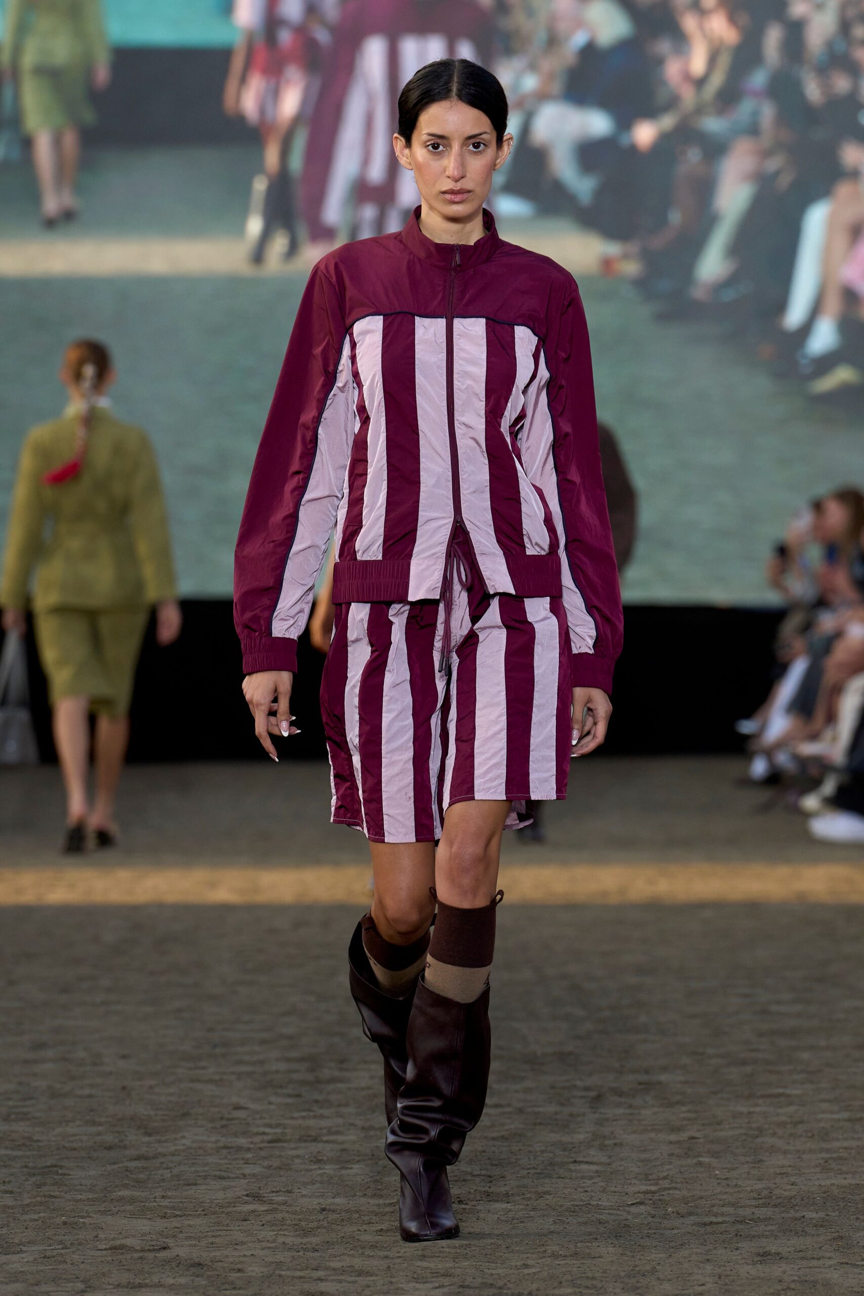 purple jersey long-sleeve high-neck relaxed zippered striped jacket