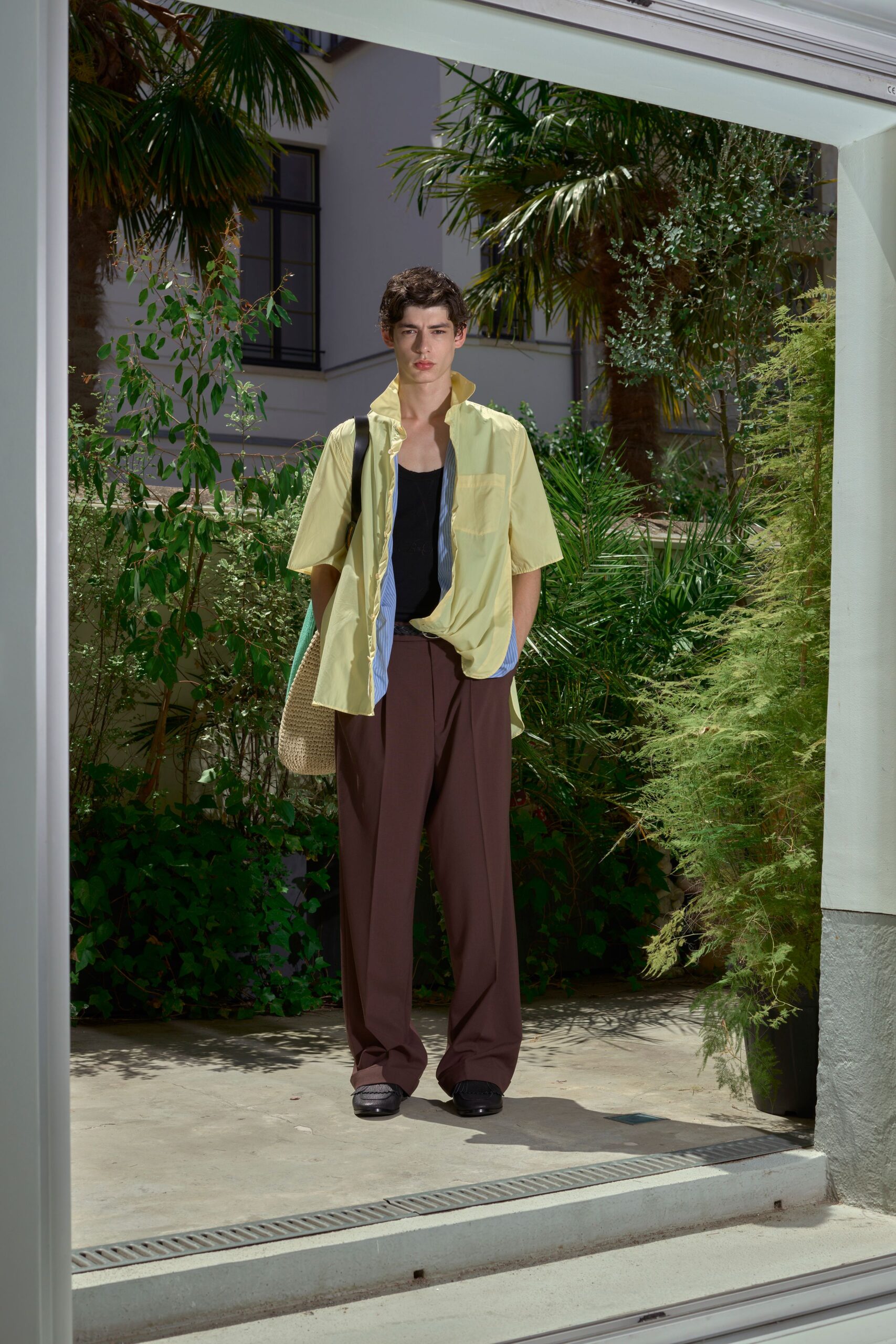 yellow cotton short-sleeve collared relaxed layered shirt
