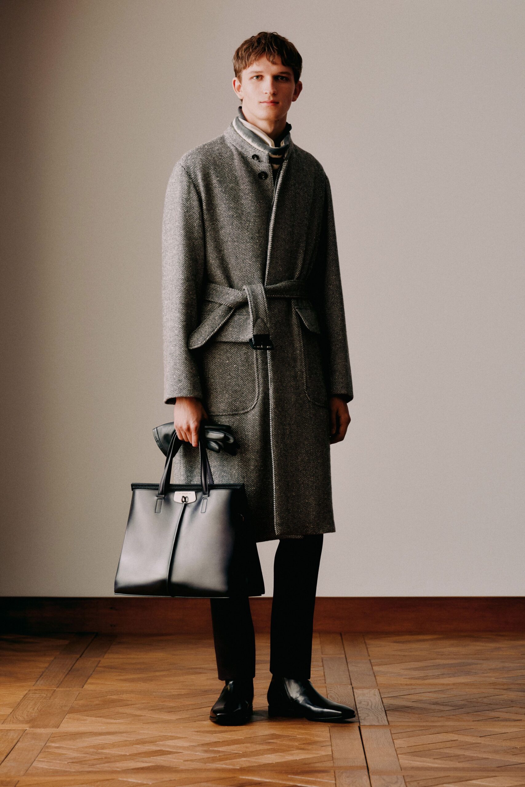 gray wool coat with black pants