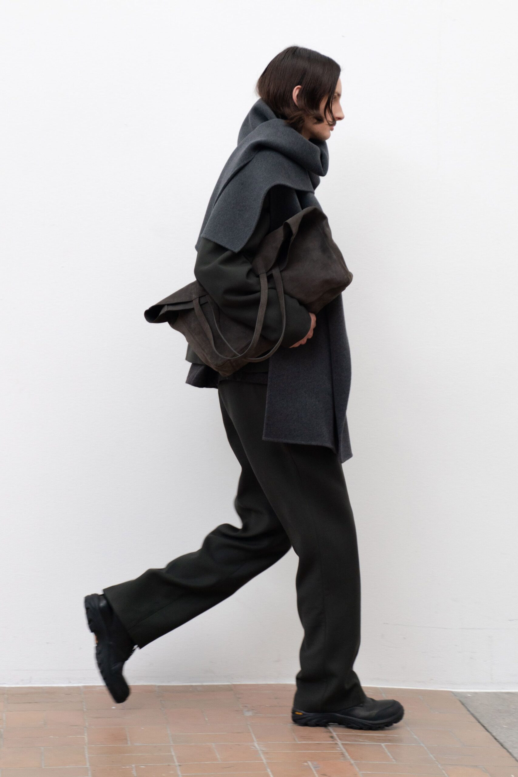 gray wool long-sleeve collared relaxed layered coat